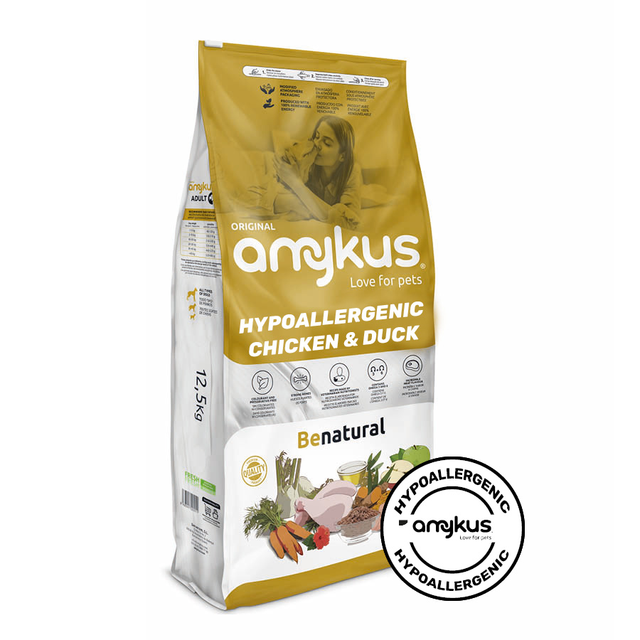 Ração para cães Amykus Gourmet hipoalergênica sem grãos com frango e pato.