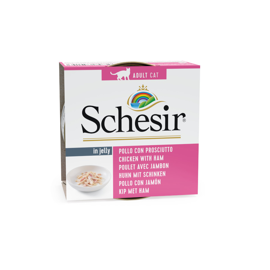 Schesir Adulto Frango com Presunto em Lata de Gelatina 85g para Gatos