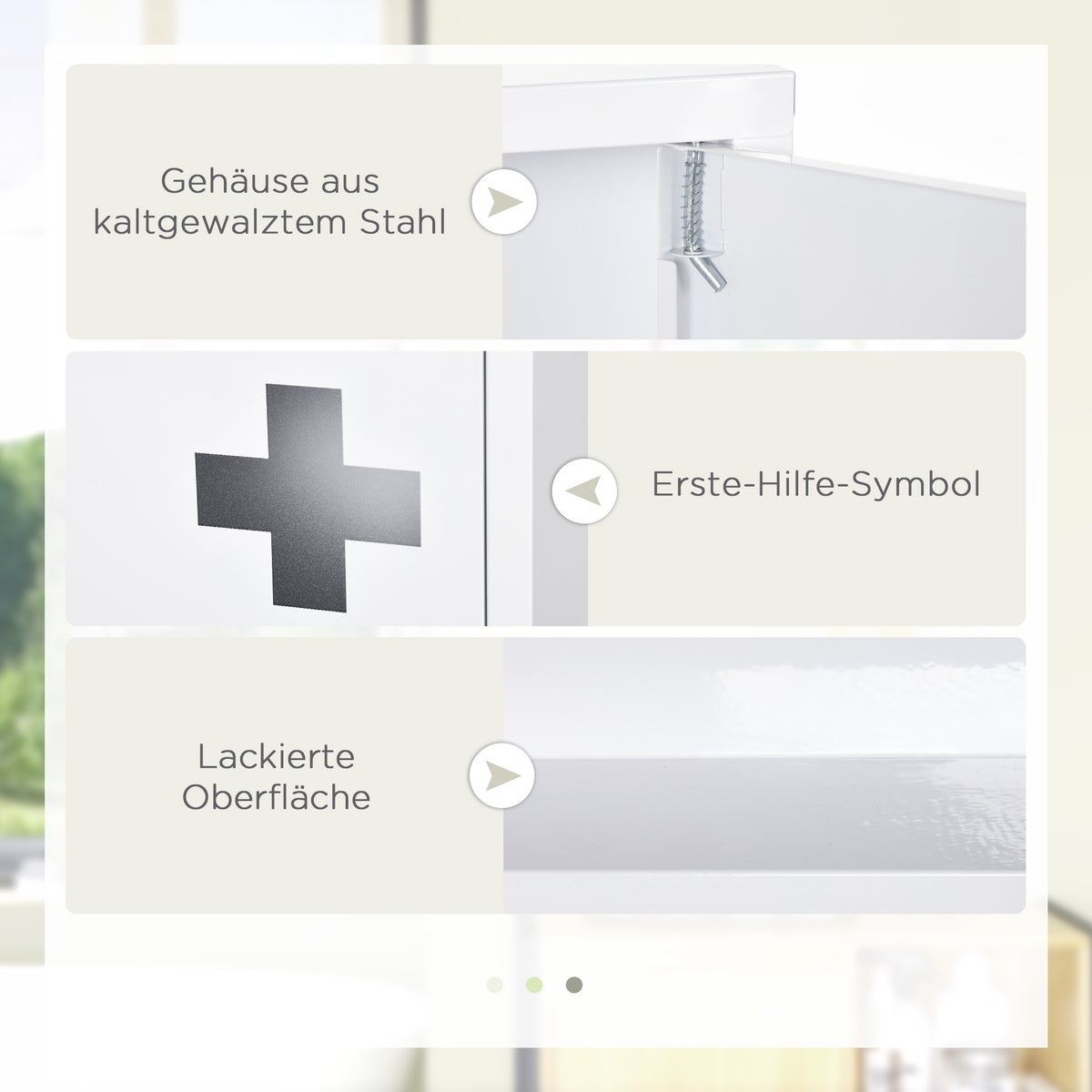 Kleankin medicijnkastje, EHBO-kastje, apothekerskast met 3 binnenvakken, medicijnkastje met magneetsluiting, medicijnkastje met handgreep, staal, wit, 30 x 12 x 60 cm
