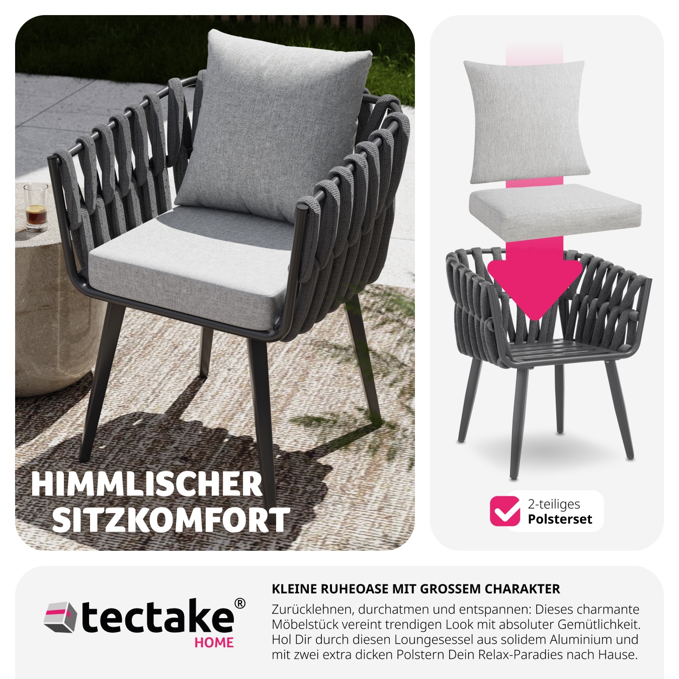 tectake® Stuhl, mit Aluminiumgestell, im Rope-Design, höhenverstellbare Kunststofffüße, 61 x 60 x 73 cm