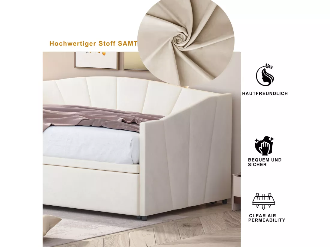 Lit gigogne - 2 x 90 x 200 cm - velours - sommier à lattes - coloris beige