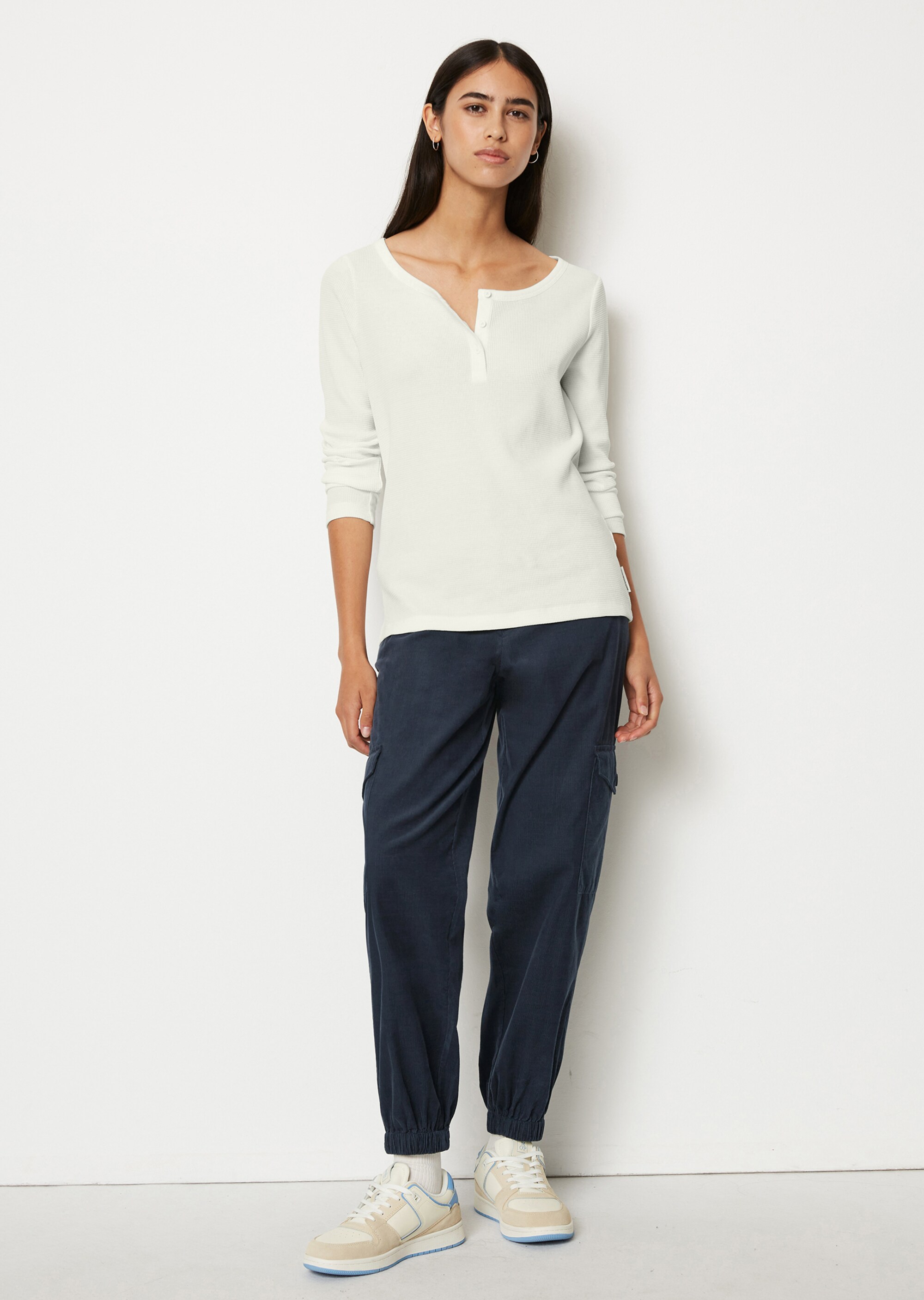 Serafino-Longsleeve regularaus Waffelpiqué-Jersey
