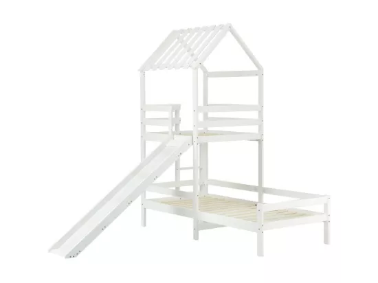 Lit superposé avec toboggan - 90x200cm + 90x100cm - en bois massif - Blanc
