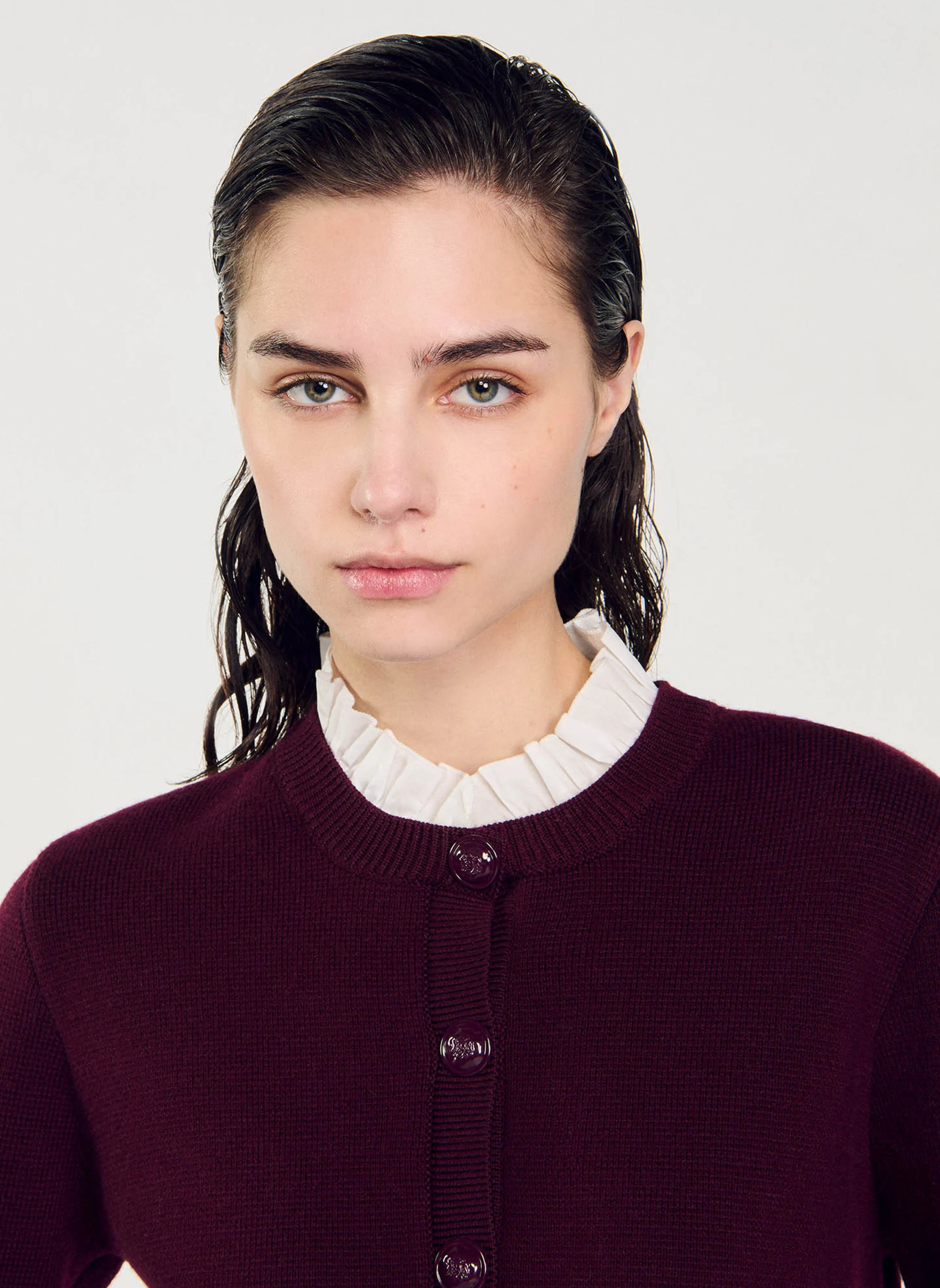 Cardigan droit col rond amovible en maille | Rouge