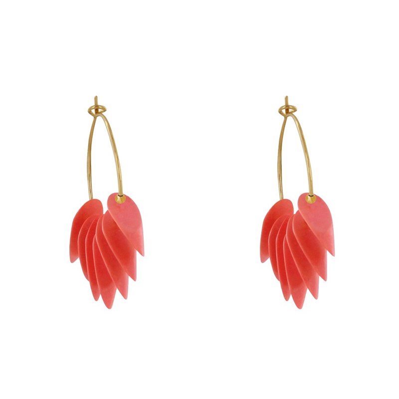 Boucles d'Oreilles Créoles en Acier Pétales en Bois