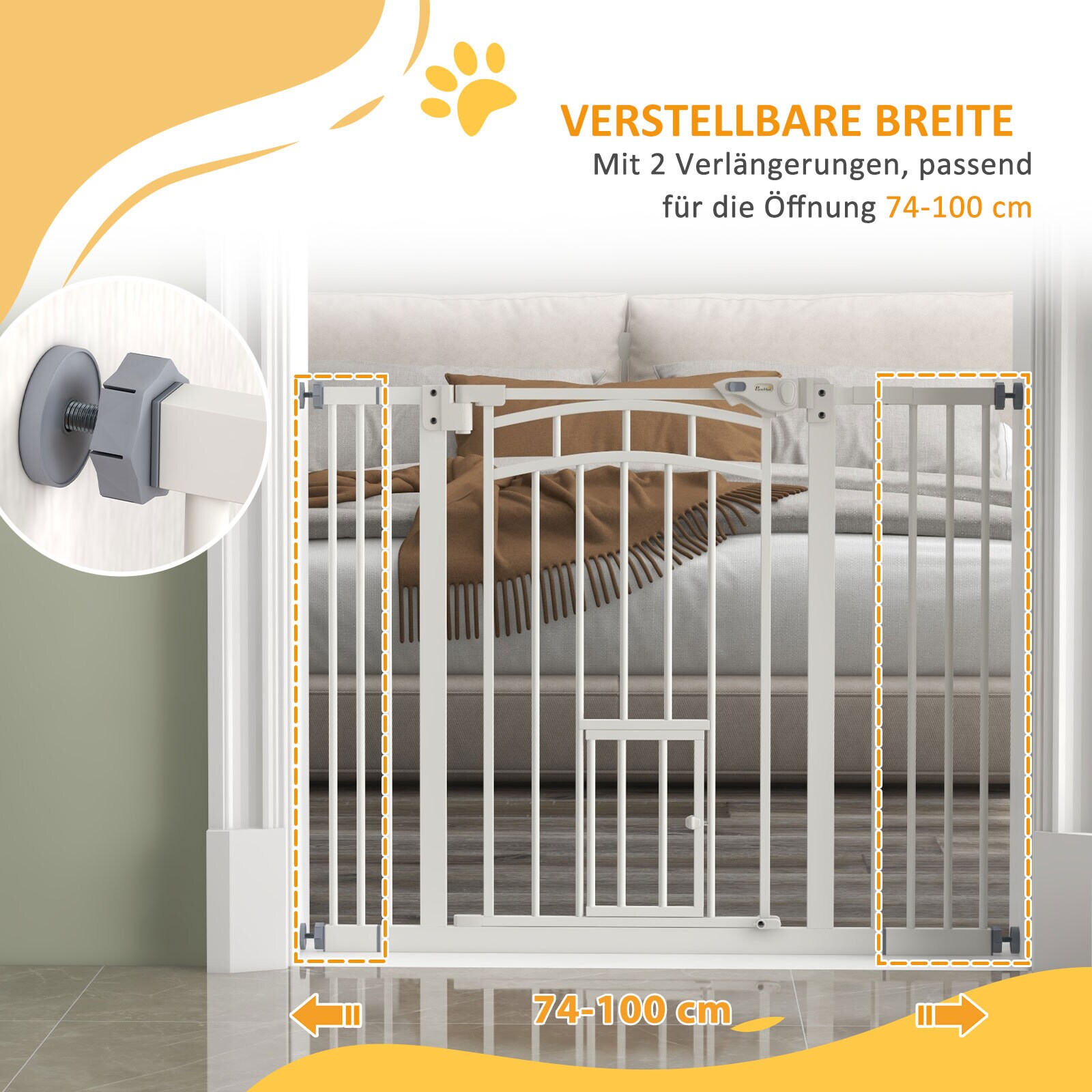 PawHut Türschutzgitter mit einer Katzentür weiß 74-100L x 4B x 76H cm