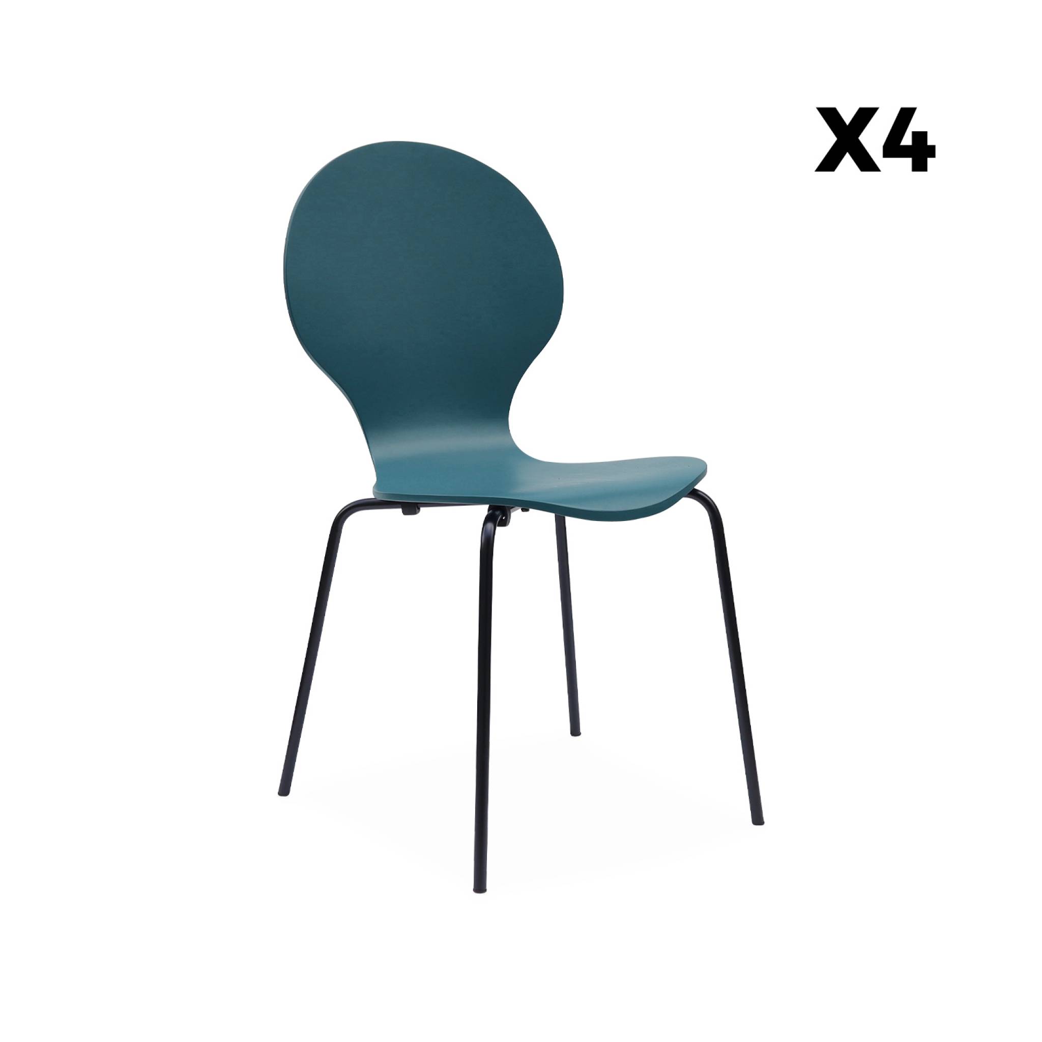 Lot de 4 chaises bleues. Rétro empilables. Bois d'hévéa et contreplaqué. Pieds en acier. Naomi. L 43 x p 48 x h 87cm