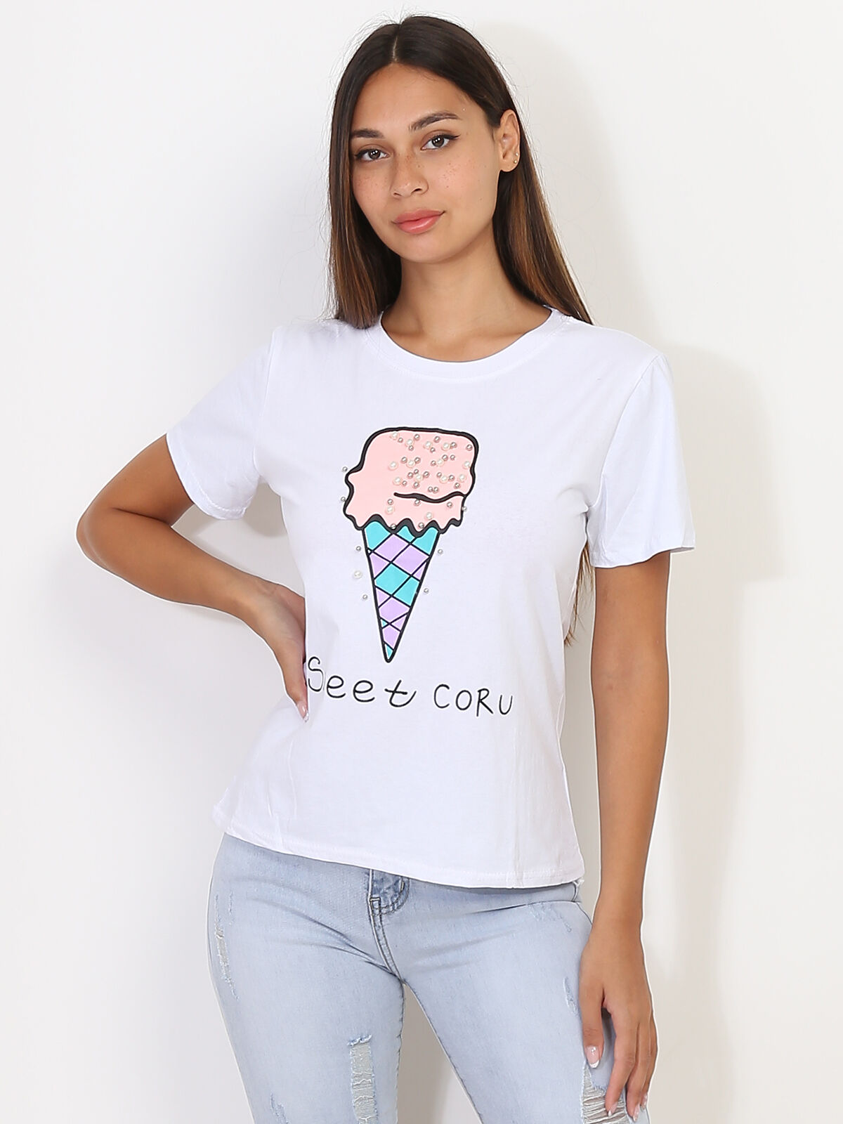 T-shirt glace et perles- Blanc