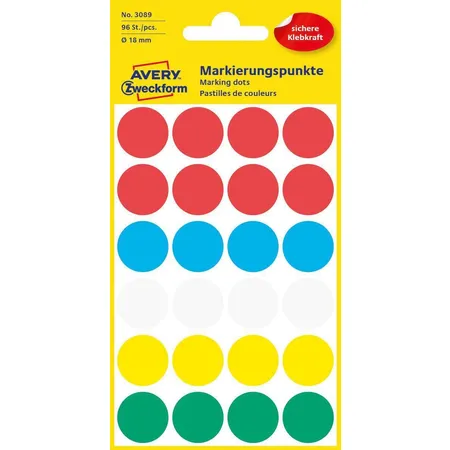 Avery Zweckform 3089 Markierungspunkte Ø 18 mm, 4 Bogen/96 Etiketten, mehrfarbig