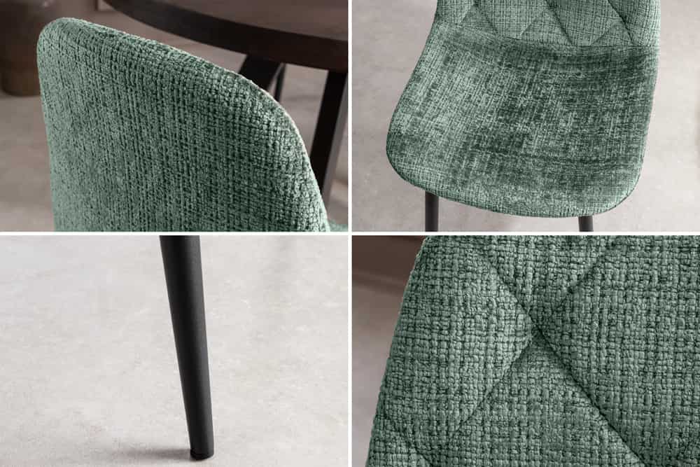 Stilvoller Stuhl GLAMM grün Chenille Cremona mit Rauten-Steppung schwarze Metallbeine