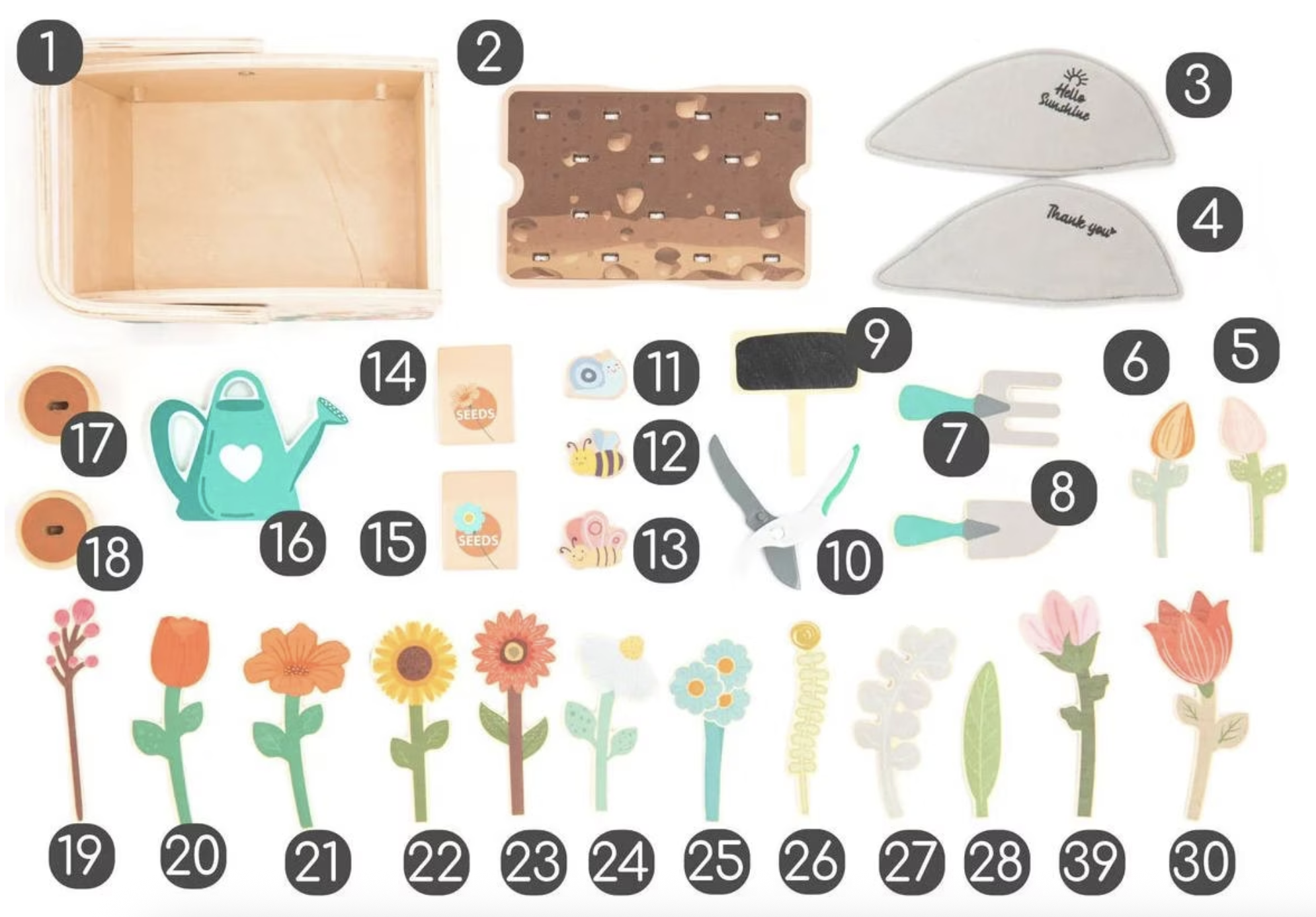 (30-tlg. Set) Holz Kinder Garten Spielzeug Blumen Zubehör Lern Spielset (UM1354) - Bunt