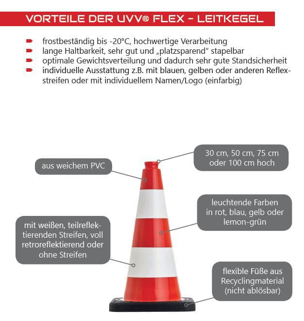 UvV FLEX blauwe verkeerskegel | Hoogte: 50 cm | Flexibele verkeerskegel | Waarschuwingskegel, stabiel > 2 kg | Hoogwaardige gekleurde PVC verkeerskegel / Deels reflecterend RA1