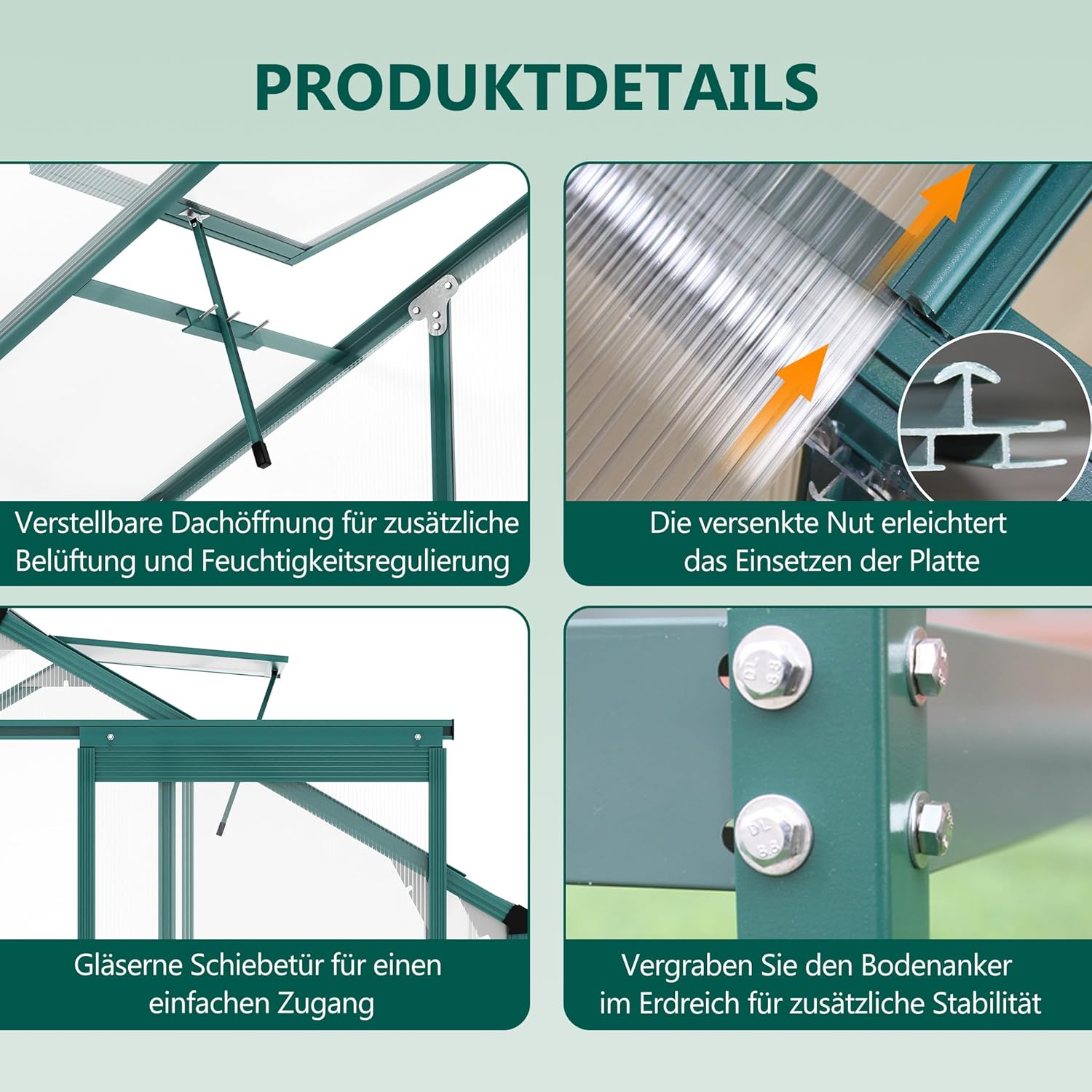 Gewächshaus Aluminium mit Fundament, 4,75 m² - 190 × 253cm, Gartengewächshäuser mit Dachfenster & Schiebetür, Gewächshaus Groß mit UV-beständigen Polycarbonatplatten für Gemüse & Toma