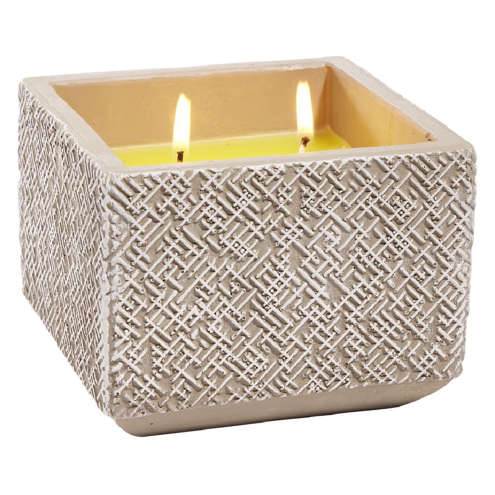 Bougie citronnelle pot ciment motif géométrique relief 22H 13x13xH10cm