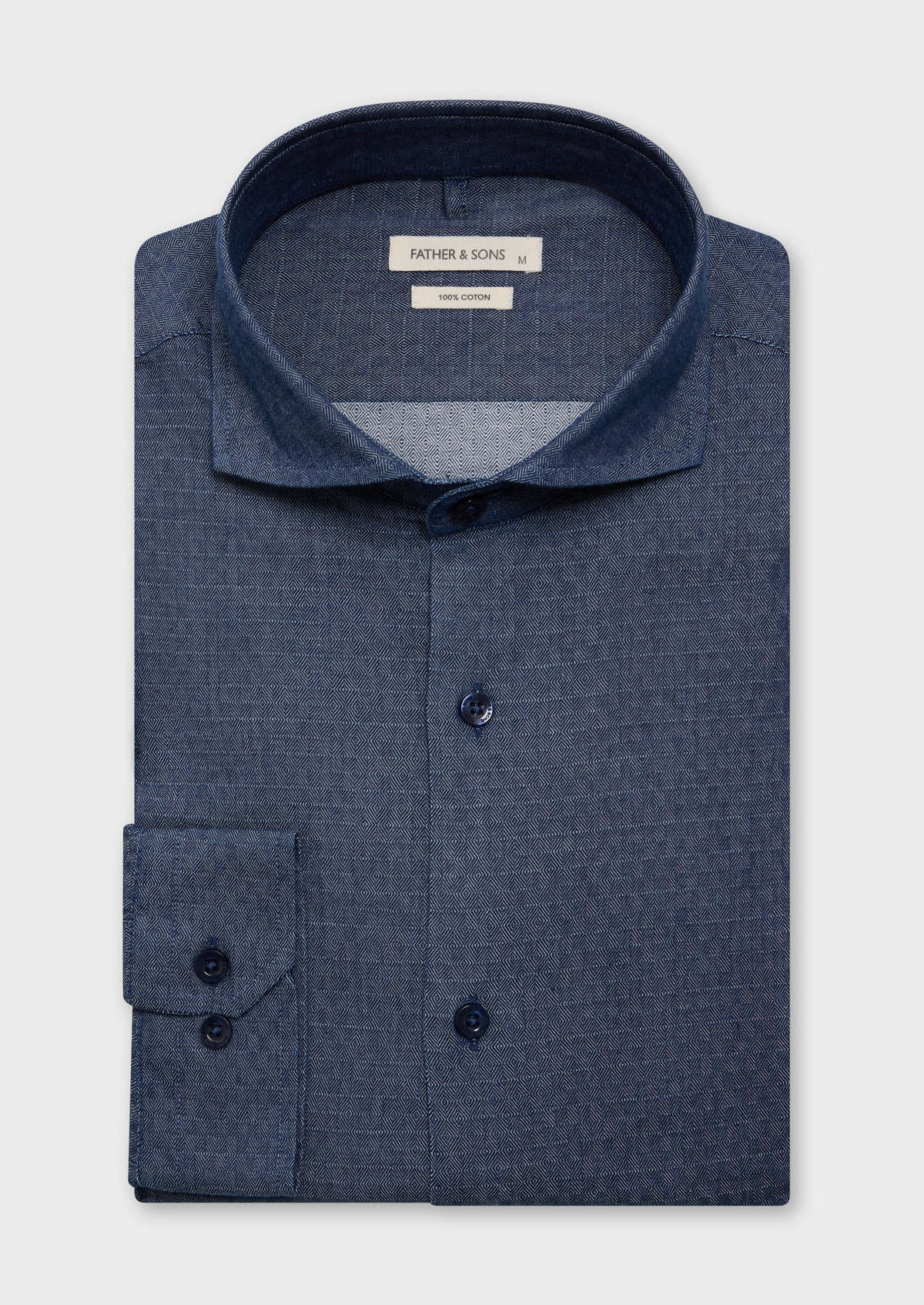 Chemise sport Slim en coton façonné bleu jeans à motif fantaisie blanc