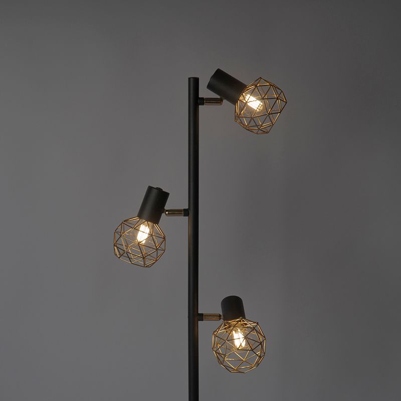 Design vloerlamp zwart met goud 3-lichts verstelbaar - Mesh