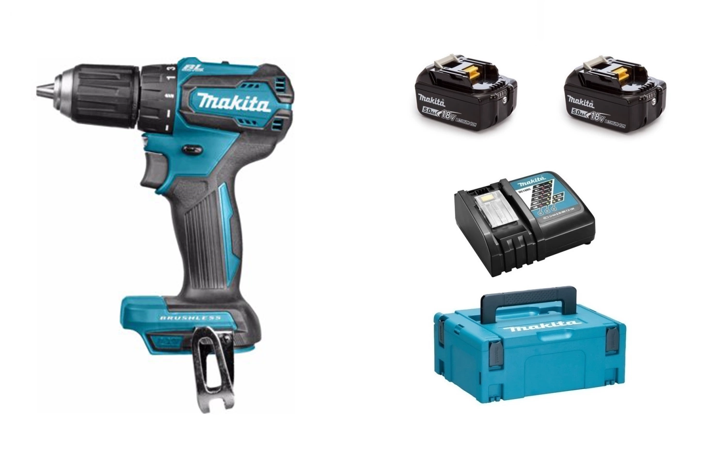 Makita DHP483RTJ 18V Li-Ion accu klopboor- /schroefmachine set (2x 5.0Ah accu) in Mbox - koolborstelloos