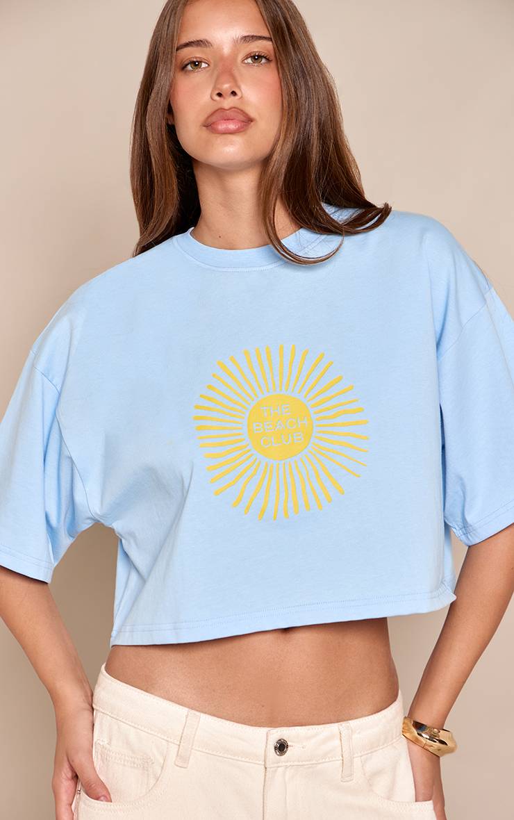 Bleu T-shirt Court En Coton À Imprimé Soleil