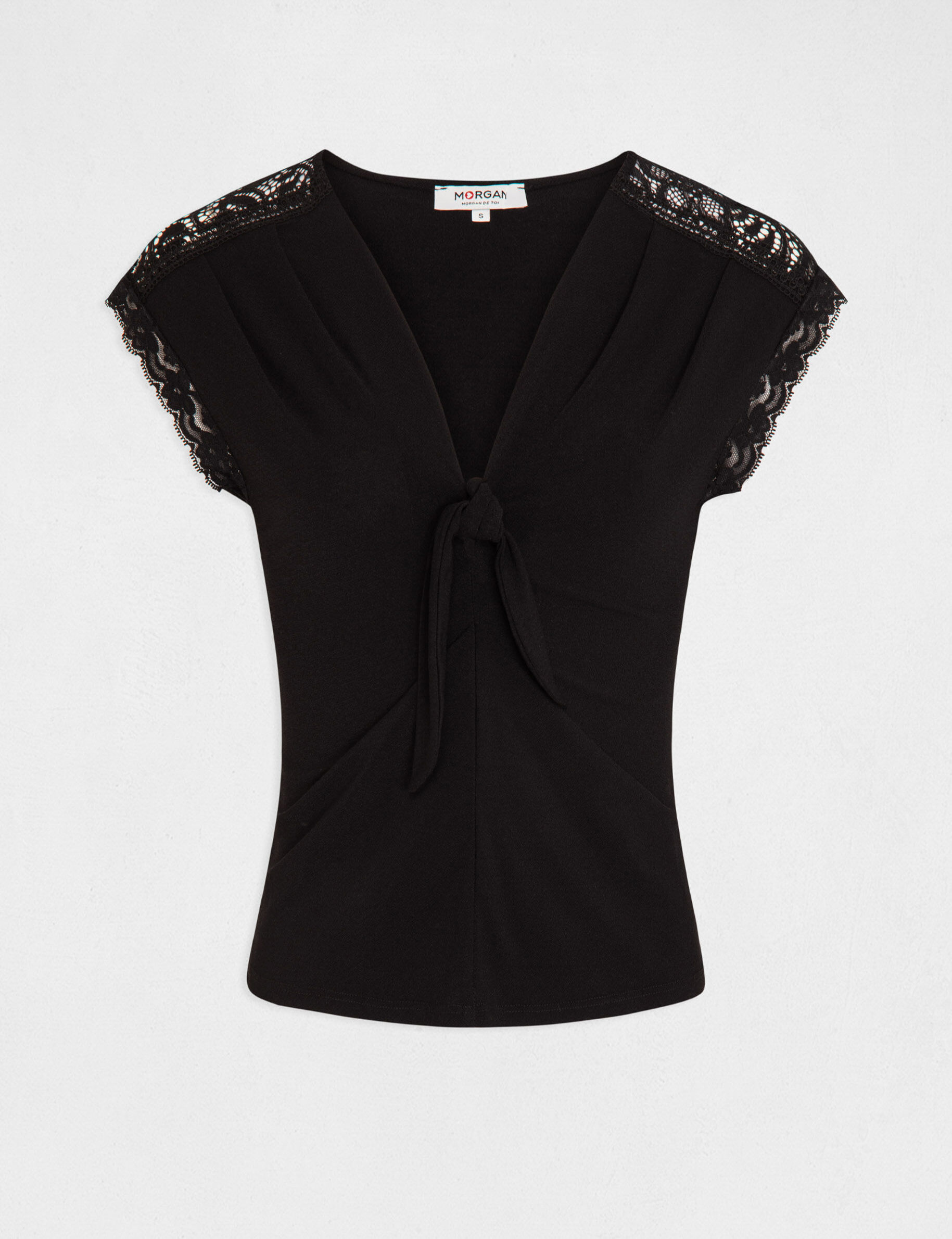 T-shirt manches courtes avec noeud noir femme - noir
