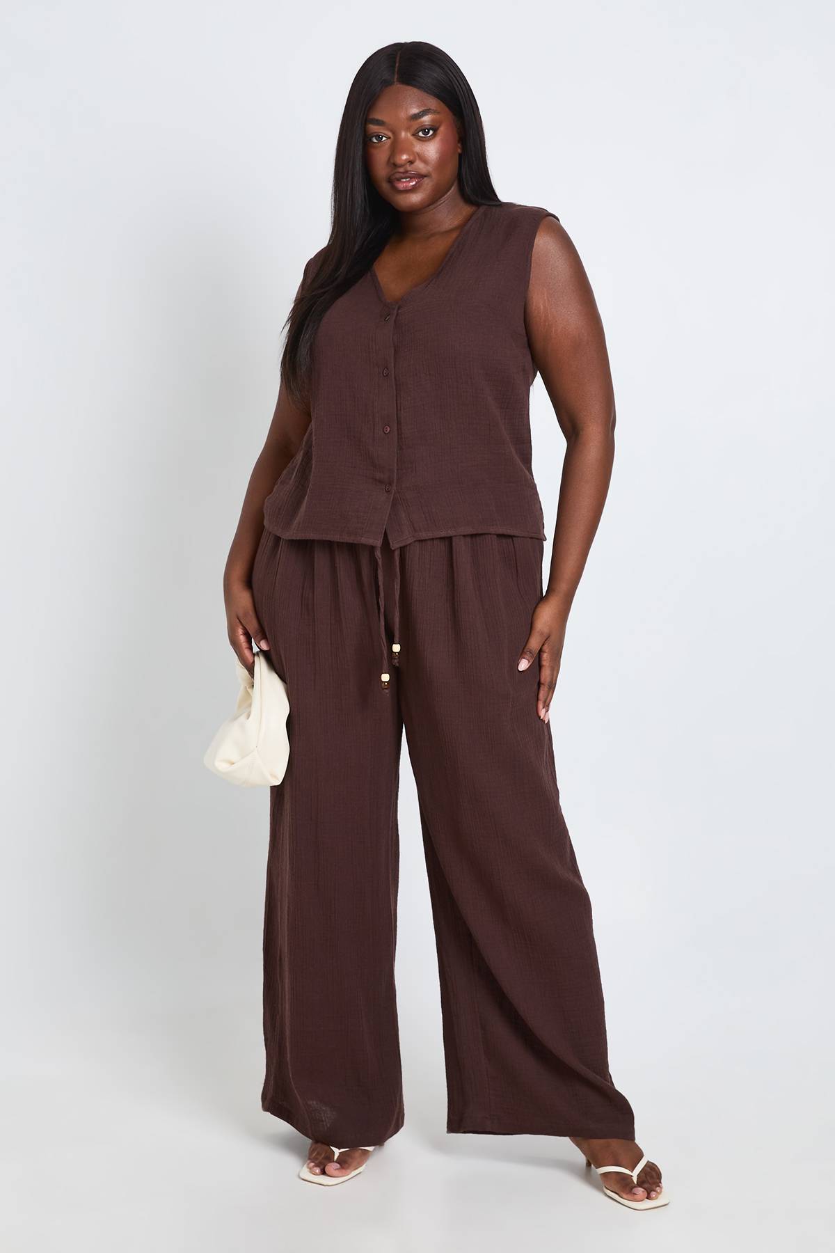 boohoo Ensemble Grande Taille Gilet En Gaze De Coton Et Pantalon À Perles