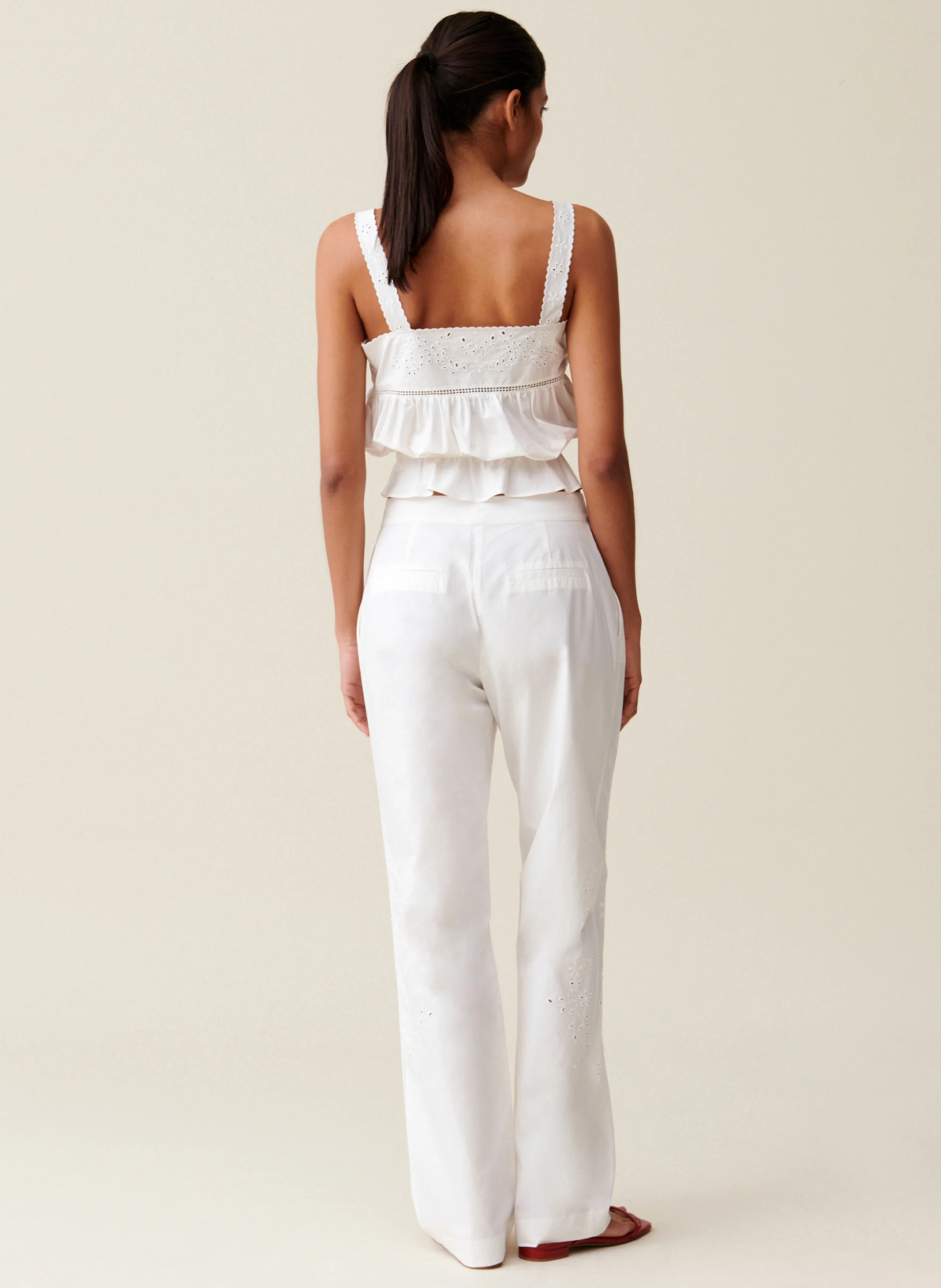 Pantalon droit brodé en coton | Blanc