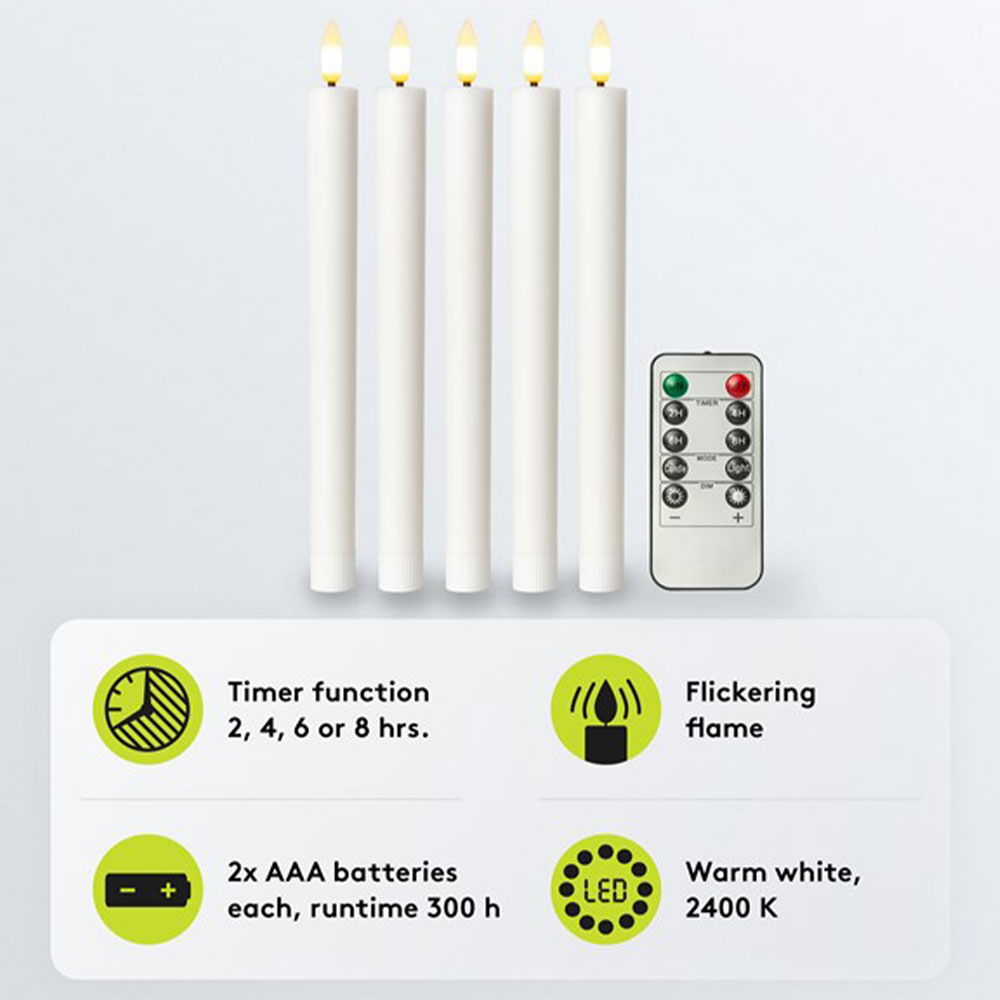 (5er Set) Echtwachs LED Stabkerzen Home Deko Stimmungsleuchte Dimmbar inkl. Fernbedienung (Batteriebetrieben) - Warmweiss