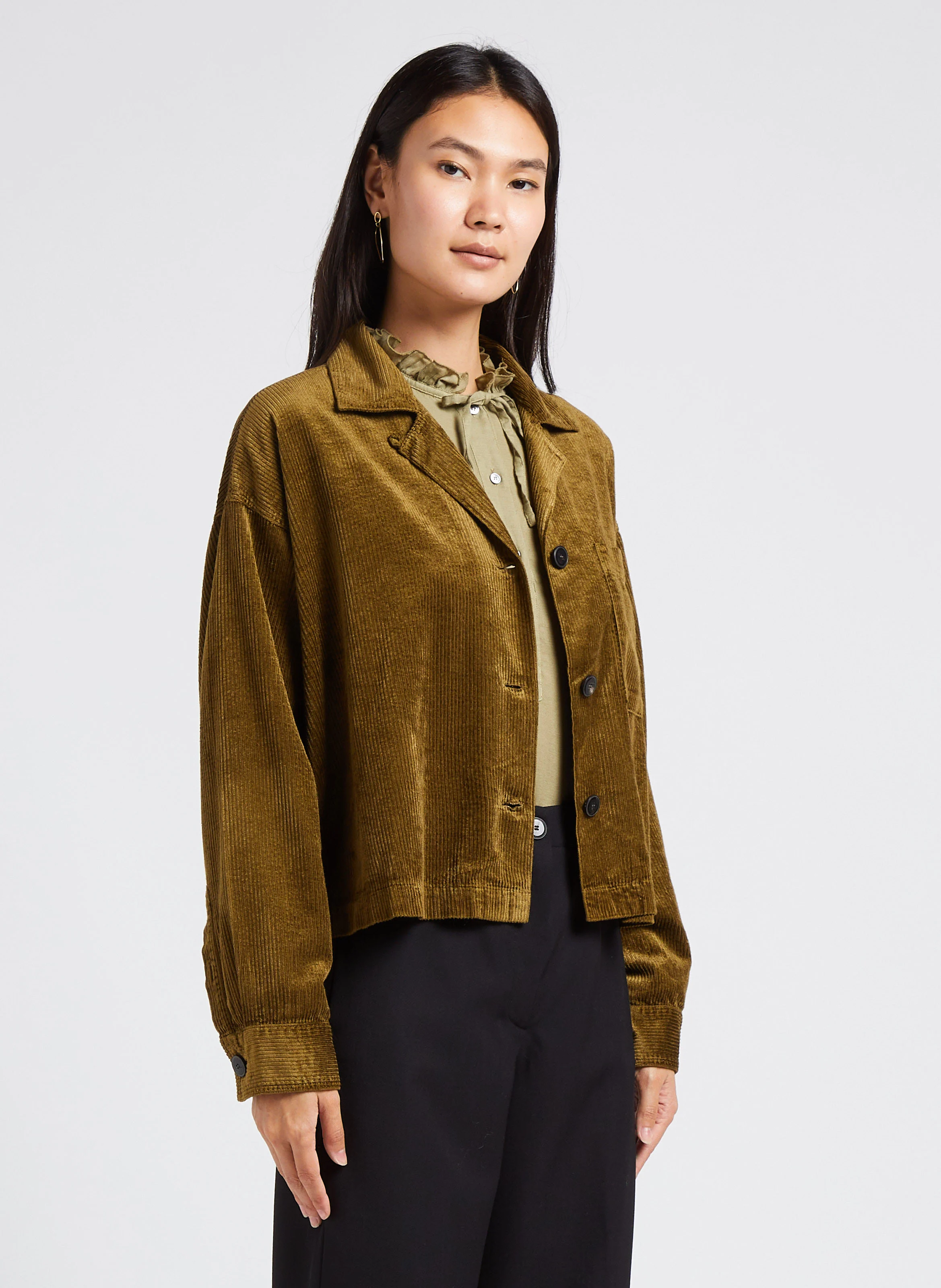 Chemise col tailleur en velours côtelé | Vert