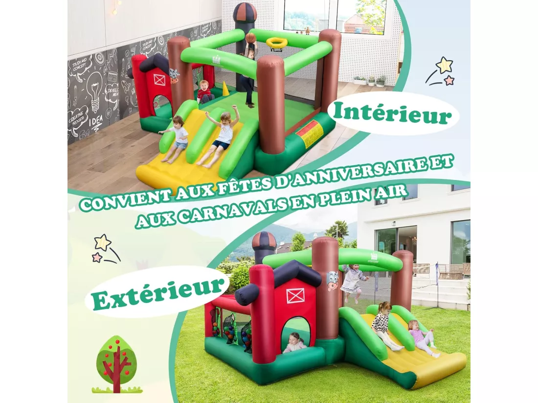 Château Gonflable 6-en-1 avec Toboggans Doubles, Maison Gonflable Intérieur Extérieur avec Trampoline, Sac de Transport, Panier de Basket, Thème Ferme, 356x330x220CM, 3-10 Ans (Avec souffleur)
