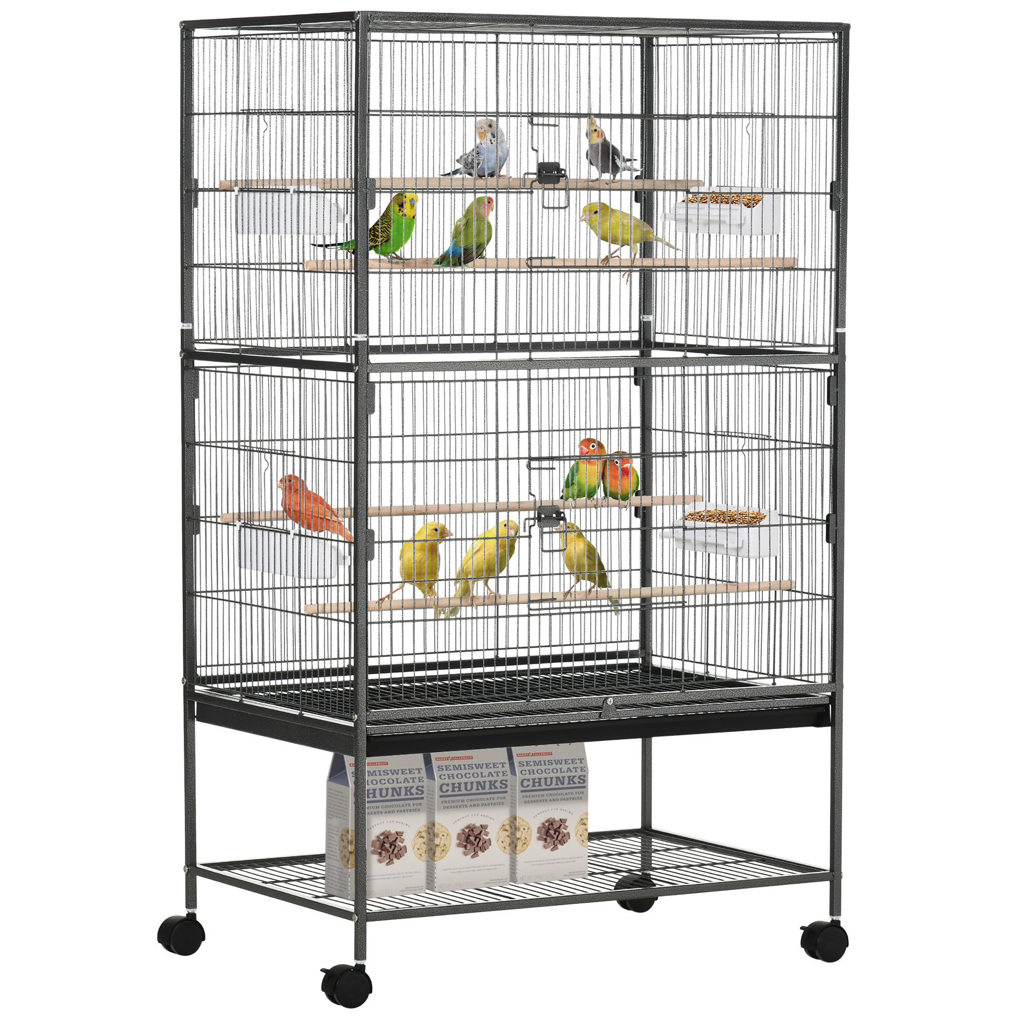 Gaiola para pássaros PawHut com rodas, viveiro de metal com bandeja removível, 4 portas, 4 comedouros, 4 poleiros e prateleira de armazenamento, gaiola para canários e periquitos, 78x52x132 cm, cinza escuro