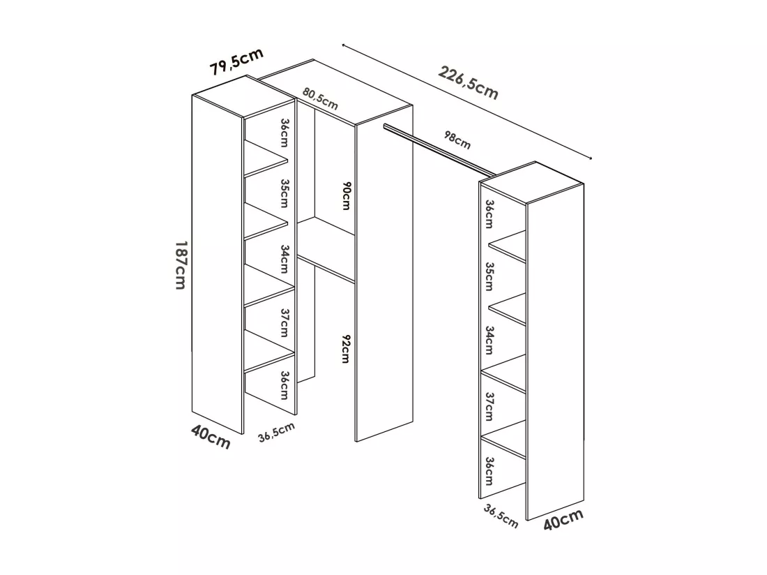 Armoire Dluvumb, Structure pour dressing d'angle, Cintre d'angle ouvert, 226x79h186 cm, Blanc