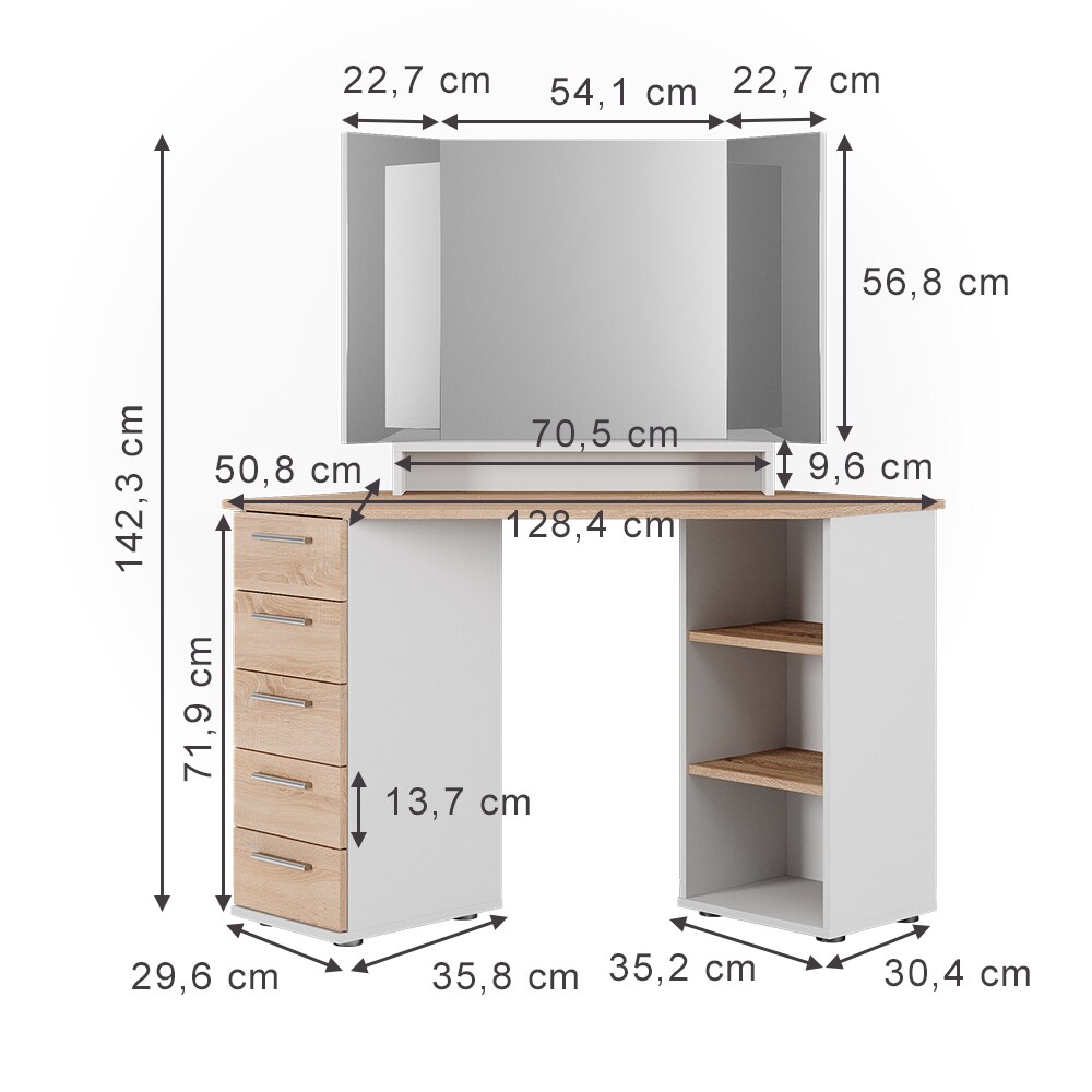 Vicco Eckschminktisch Frisiertisch Frisierkommode Sofia Weiß Sonoma Spiegel 128x142 cm modern Ablage