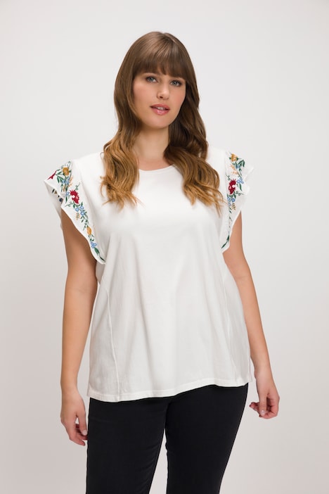 T-Shirt, Blütenstickerei, A-Linie, Rundhals, Halbarm