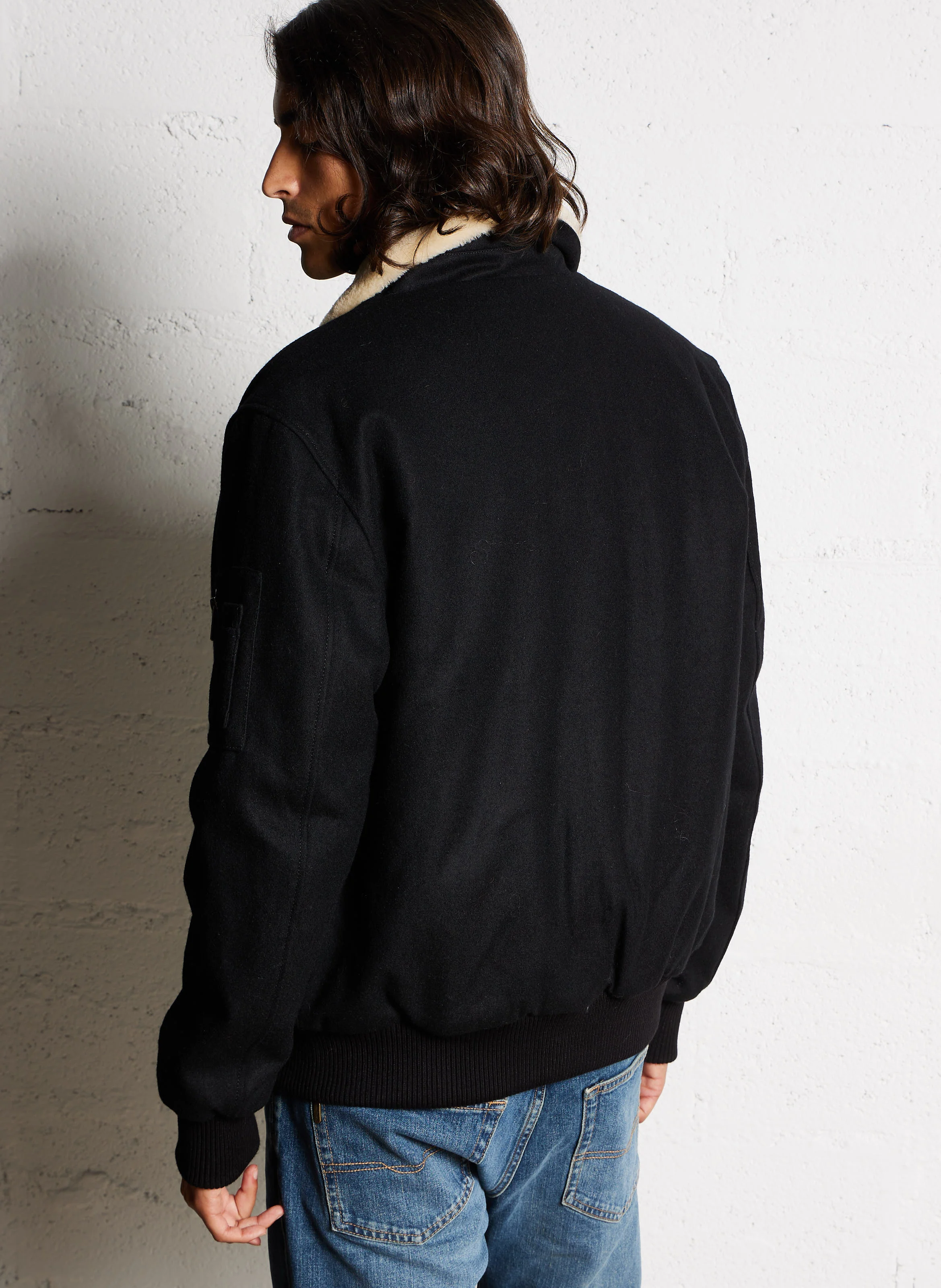 Blouson col classique droit en laine mélangée | Noir
