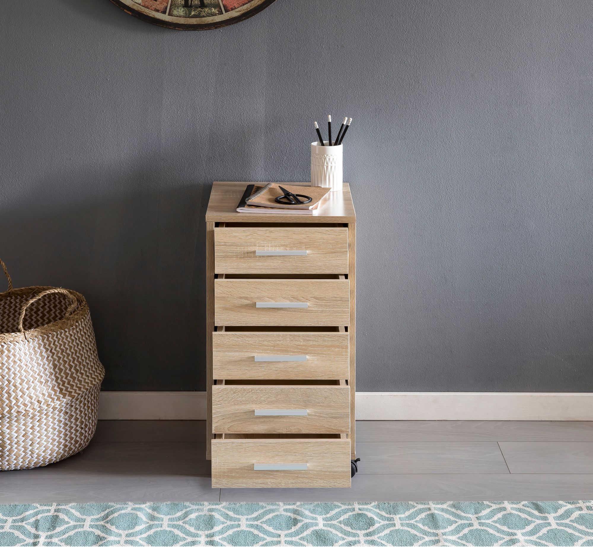 KADIMA DESIGN Schubladenschrank ITTER Holz: 5 Schubladen, Rollen, melaminharzbeschichtet