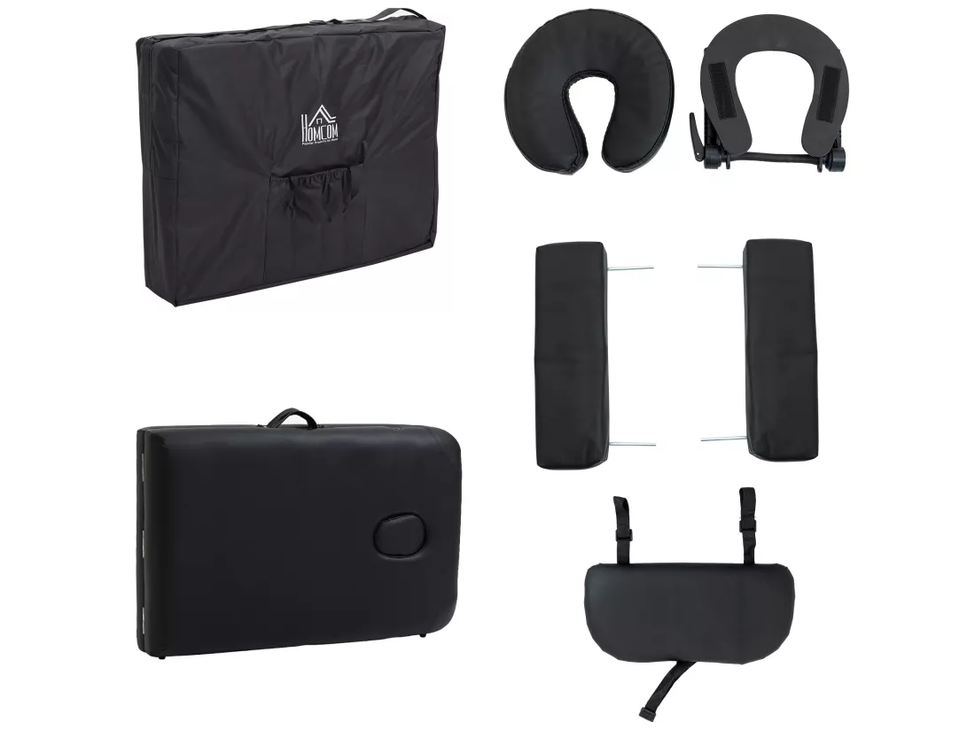 Table de massage pliante lit table de beauté 2 zones portable sac de tranport inclus hauteur réglable dim. 185L x 60l x 61-88H cm bois massif revêtement synthétique noir