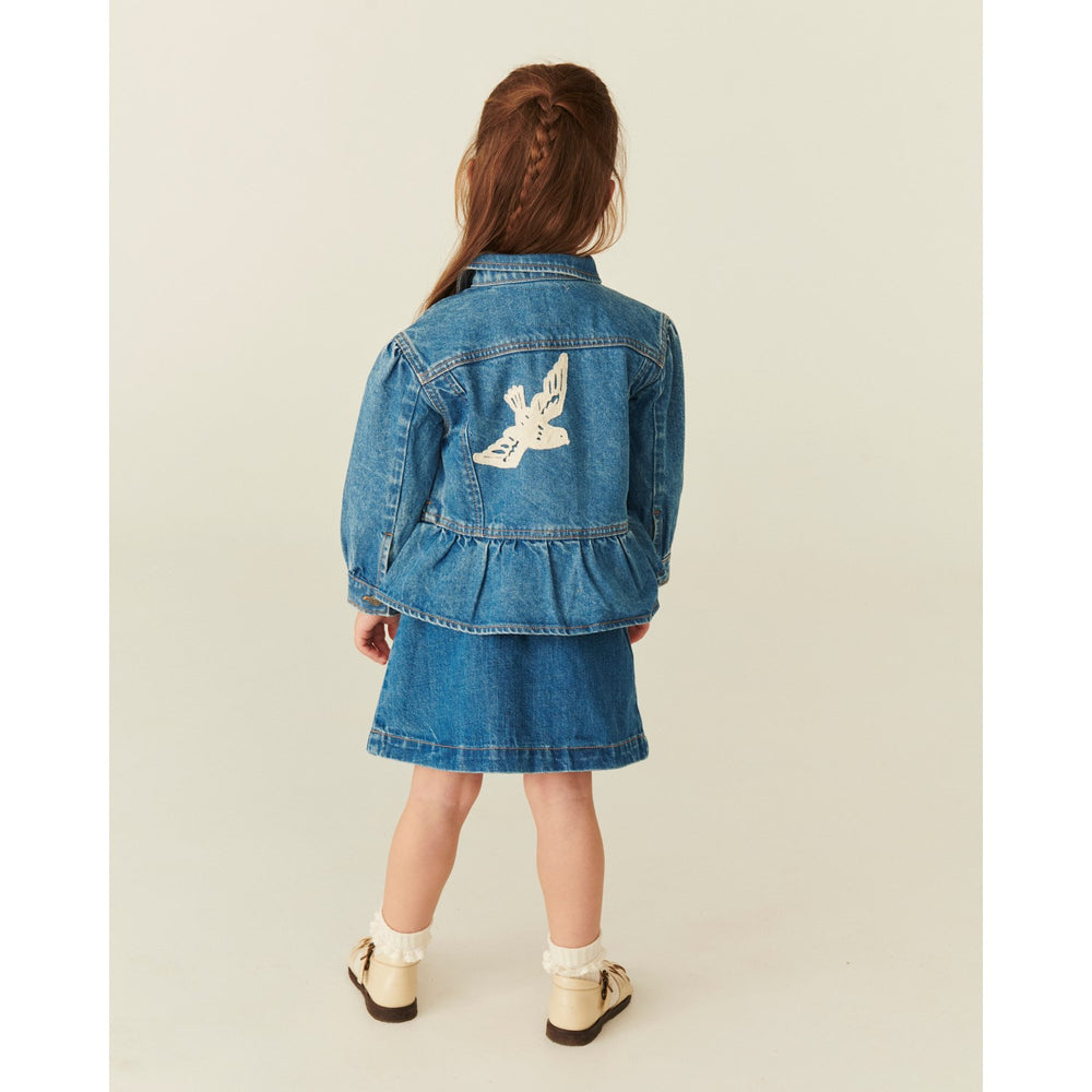 Køb COPENHAGEN COLORS Indigo Blue Washed Denim Flæse Jakke W. Crochet Doves