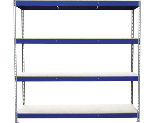 Robuuste industriële stellingkast, blauw/grijs gepoedercoat, 196x200x60 cm, 4 gedeelde houten legborden met metalen steunen en verstelbare metalen voeten, draagvermogen 1000 kg