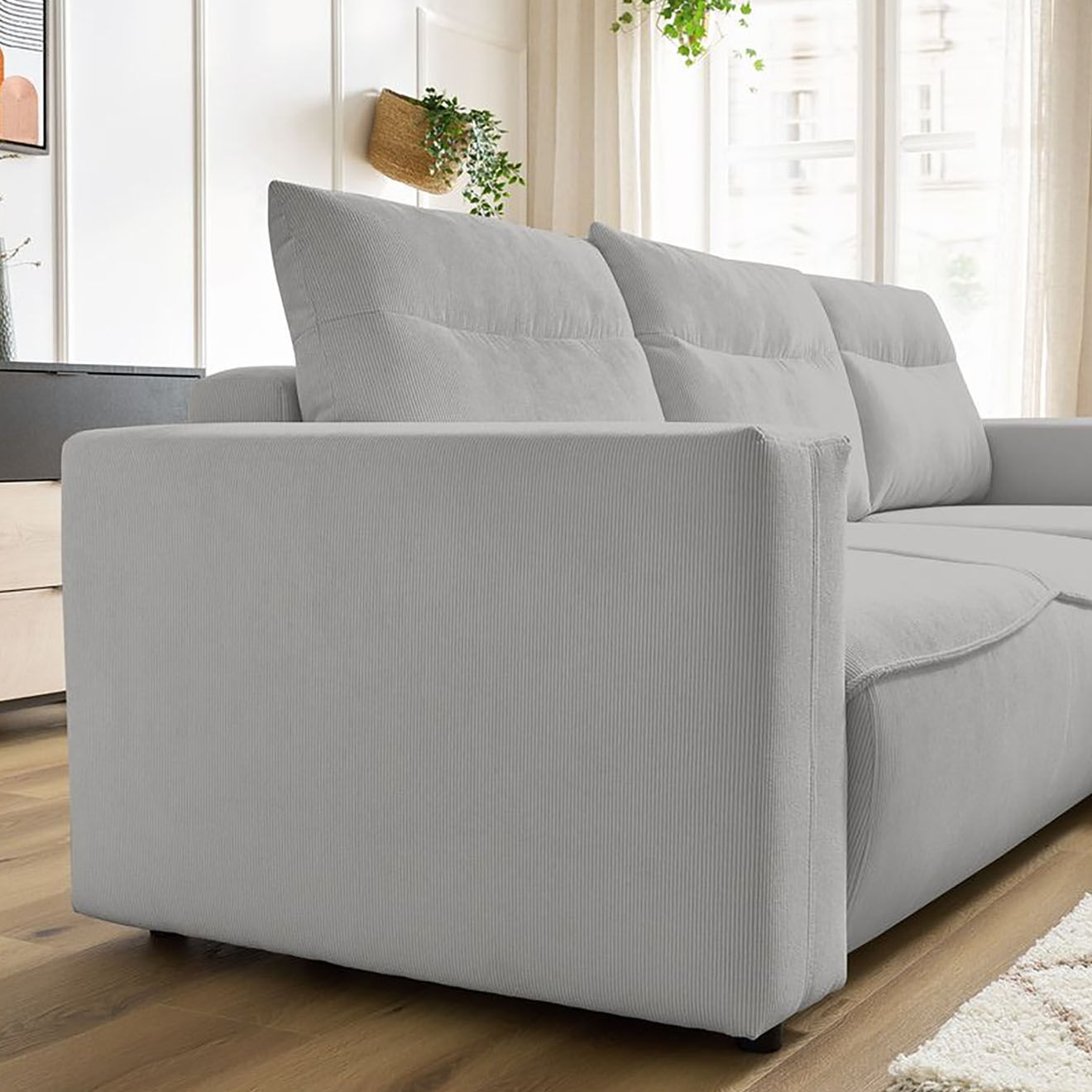 Bobochic Canapé d'angle droit convertible coffre jasmin velours côtelé gris clair - 256x158x90 cm