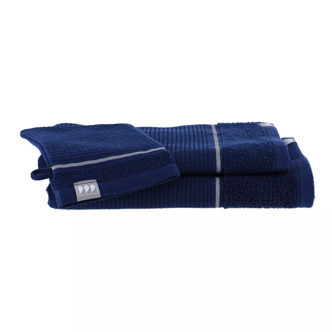 Lot de serviettes de bain 50x90 cm + 70x130 cm + 1 gant de toilette Japandi Bleu marine et argent