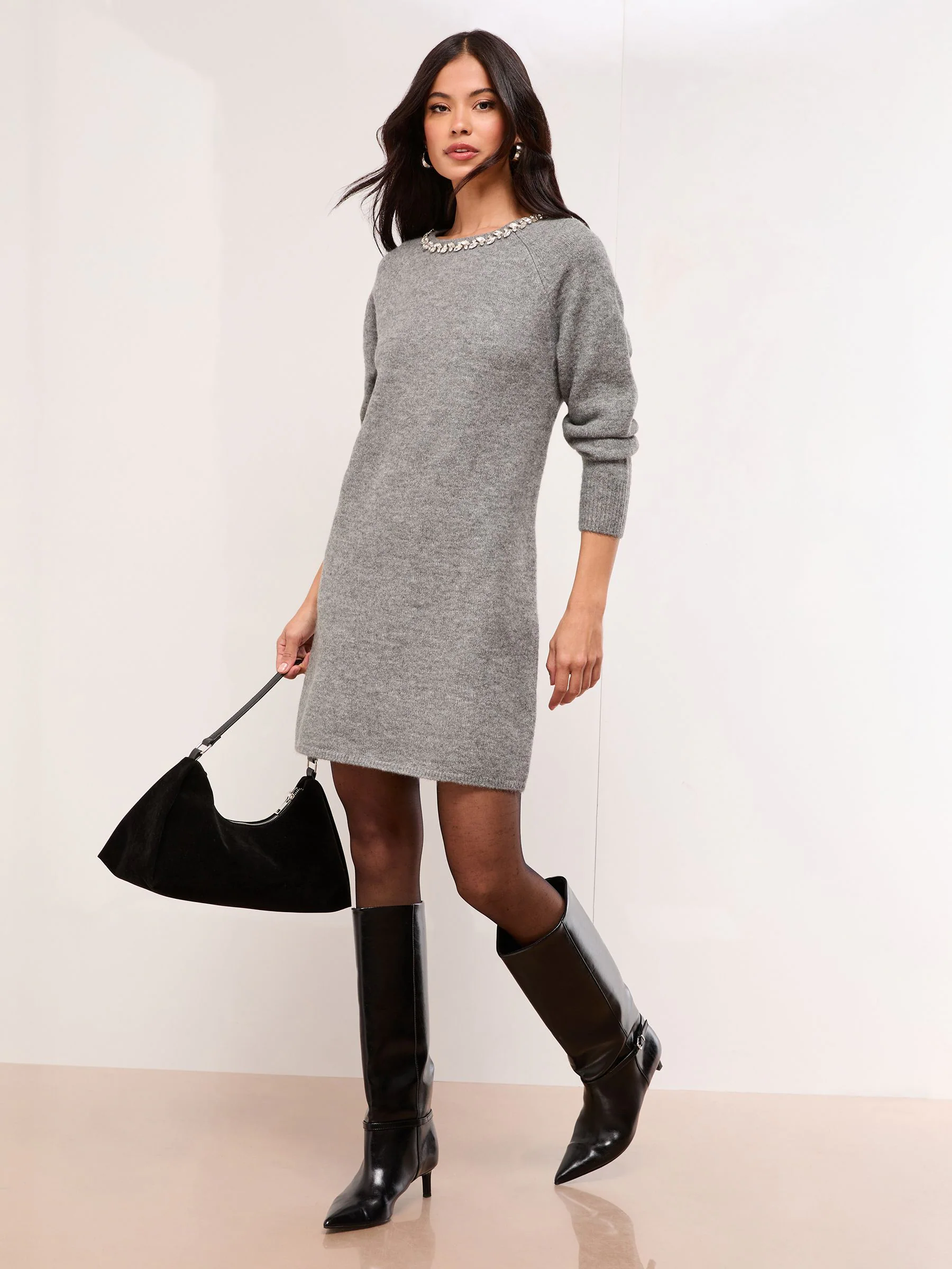 Lipsy Gebreide Jurk met Versierde Hals en Strikdetail