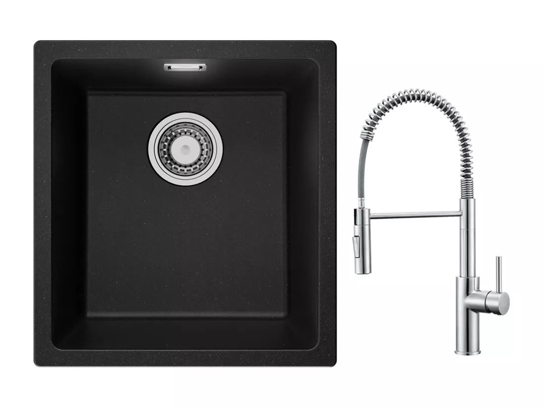 CECIPA MAX Evier 1 Bac en Quartz et Résine Noir Gris 40*44*20cm + Mitigeur de Cuisine à Ressort Brossé avec Douchette Extractible