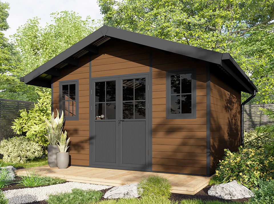 Abri de jardin bois composite braga - 16m2 brun - epaisseur des murs : 28 mm - aluminium - anti uv et intemperies