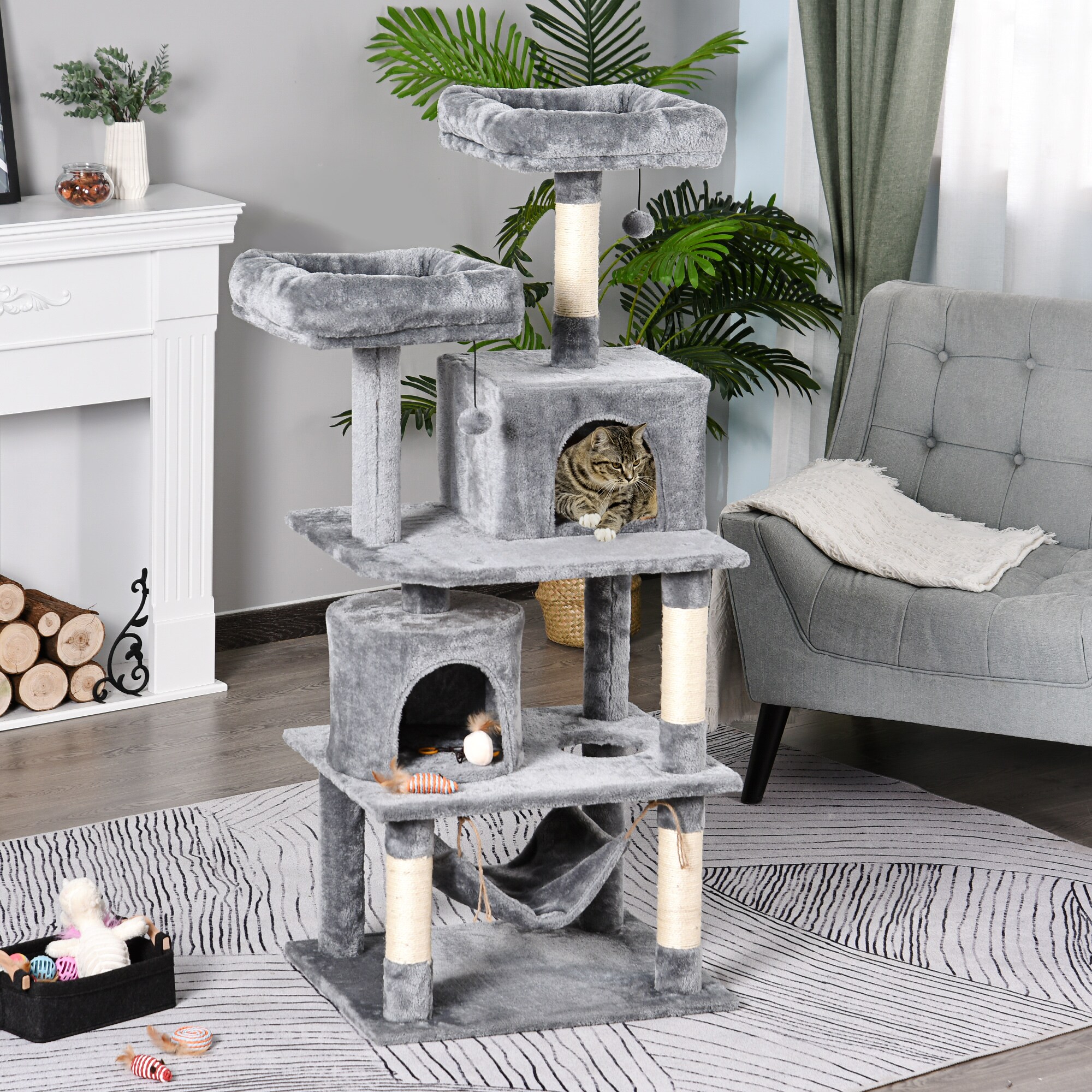 PawHut Kratzbaum mit Spielbällen und Kuschelhöhle grau 60 x 50 x 145 cm (BxTxH)