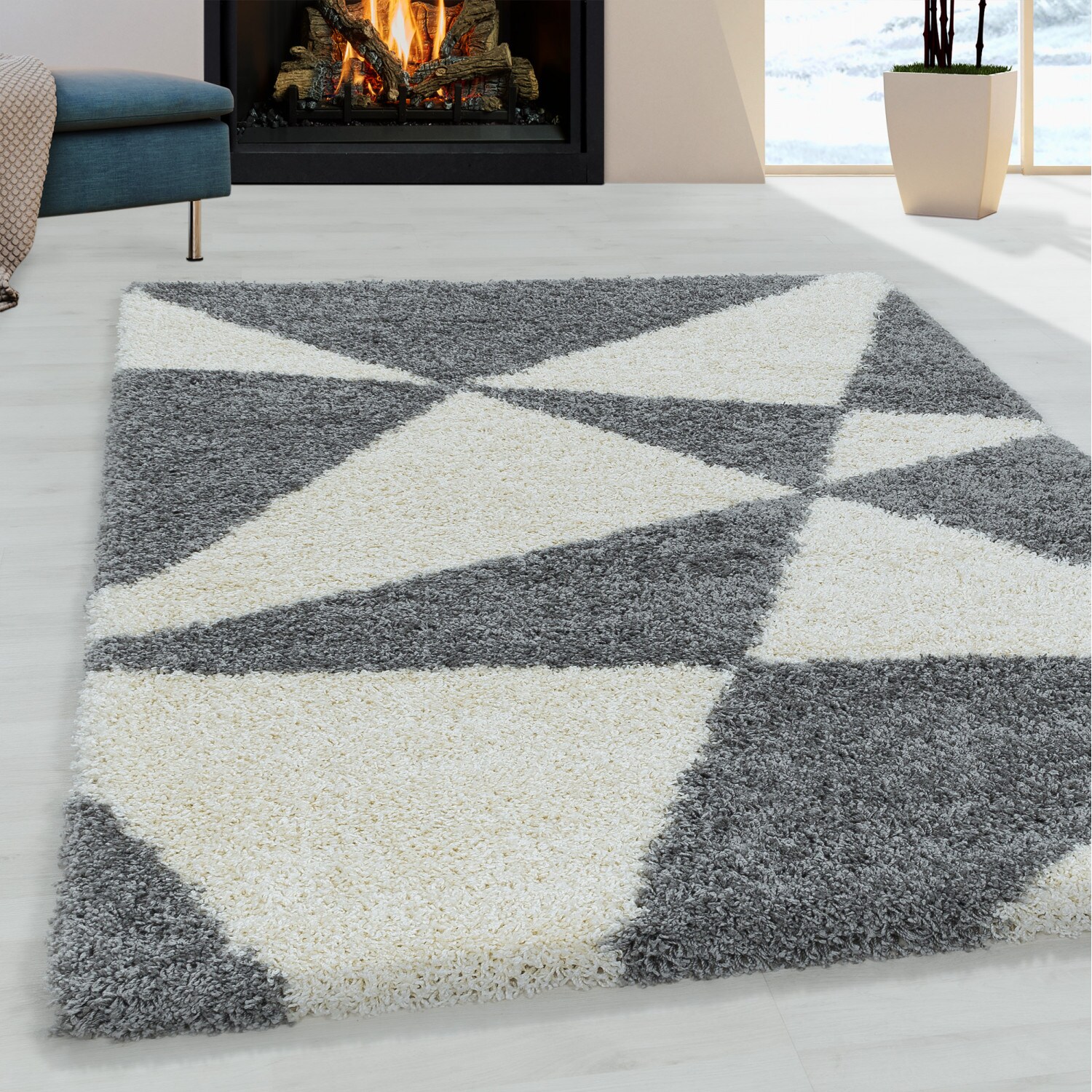 Stilvoller Hochflor Teppich, Modernes geometrisches Design, weicher Shaggy