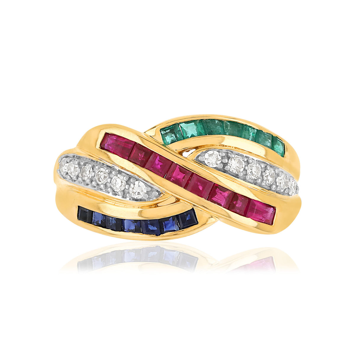 Bague or 750 jaune saphirs rubis émeraudes et diamants