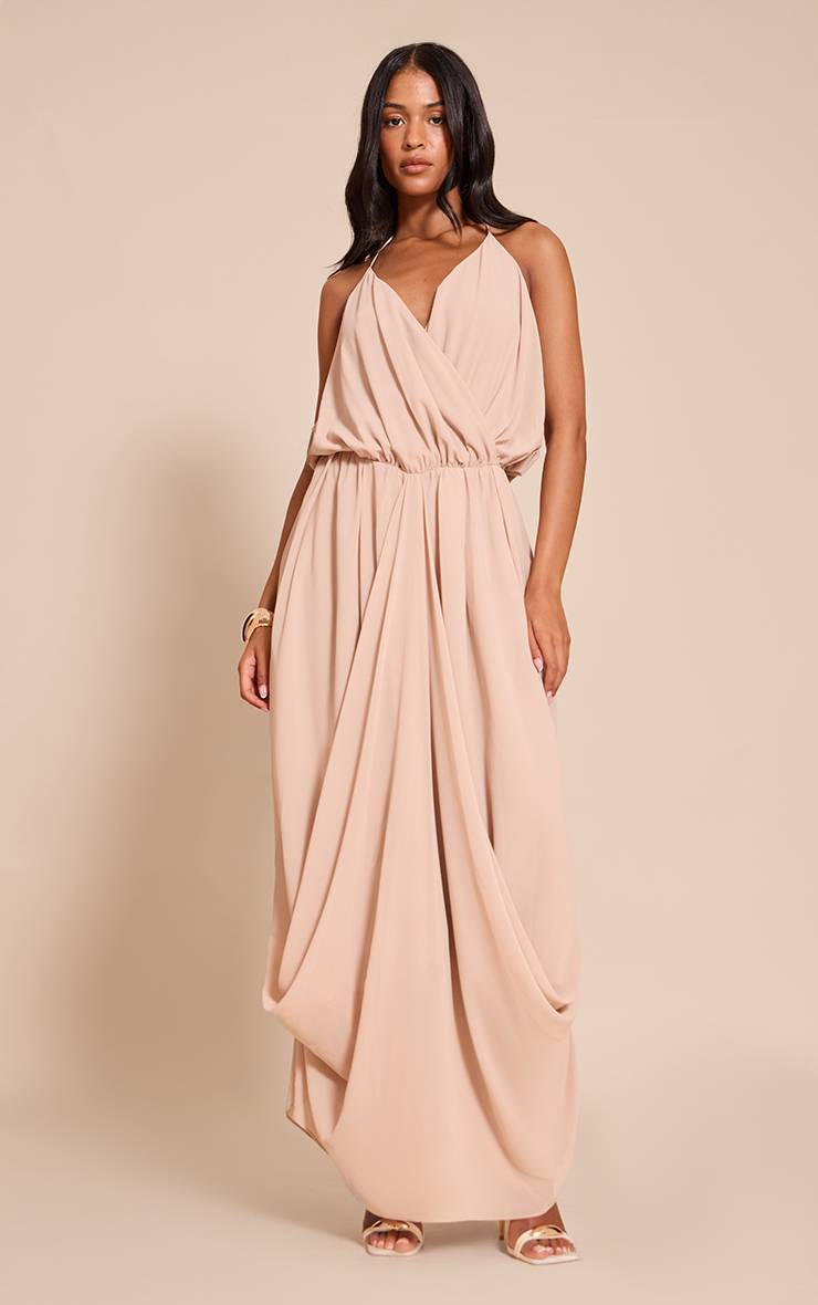 Beige Robe Longue Fluide En Mousseline De Soie Avec Col En V Drapé Pour Grande Taille