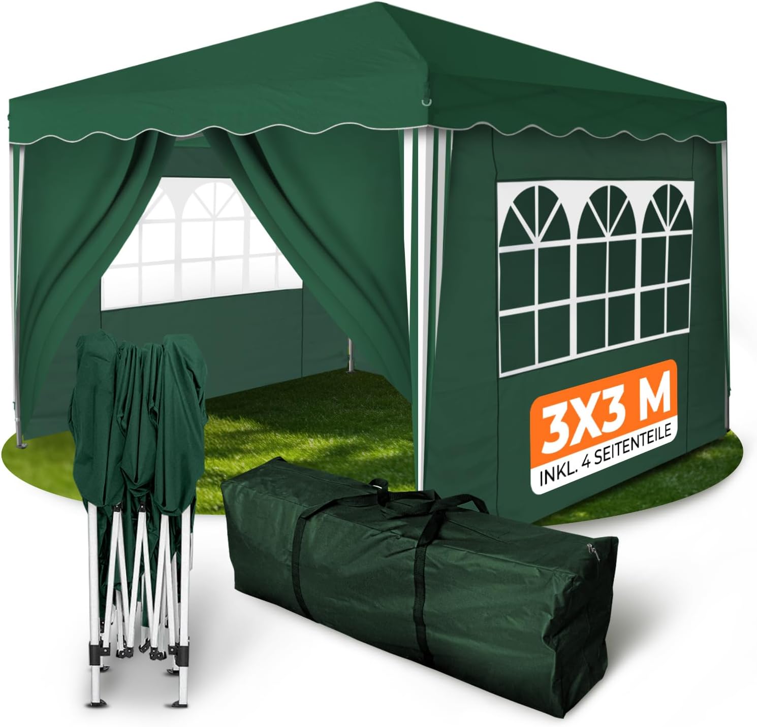 Kronenburg Faltpavillon wasserdicht Dachmaß 3 x 3 m UV Schutz 50+ Pavillon in Grün mit 4 Seitenteilen