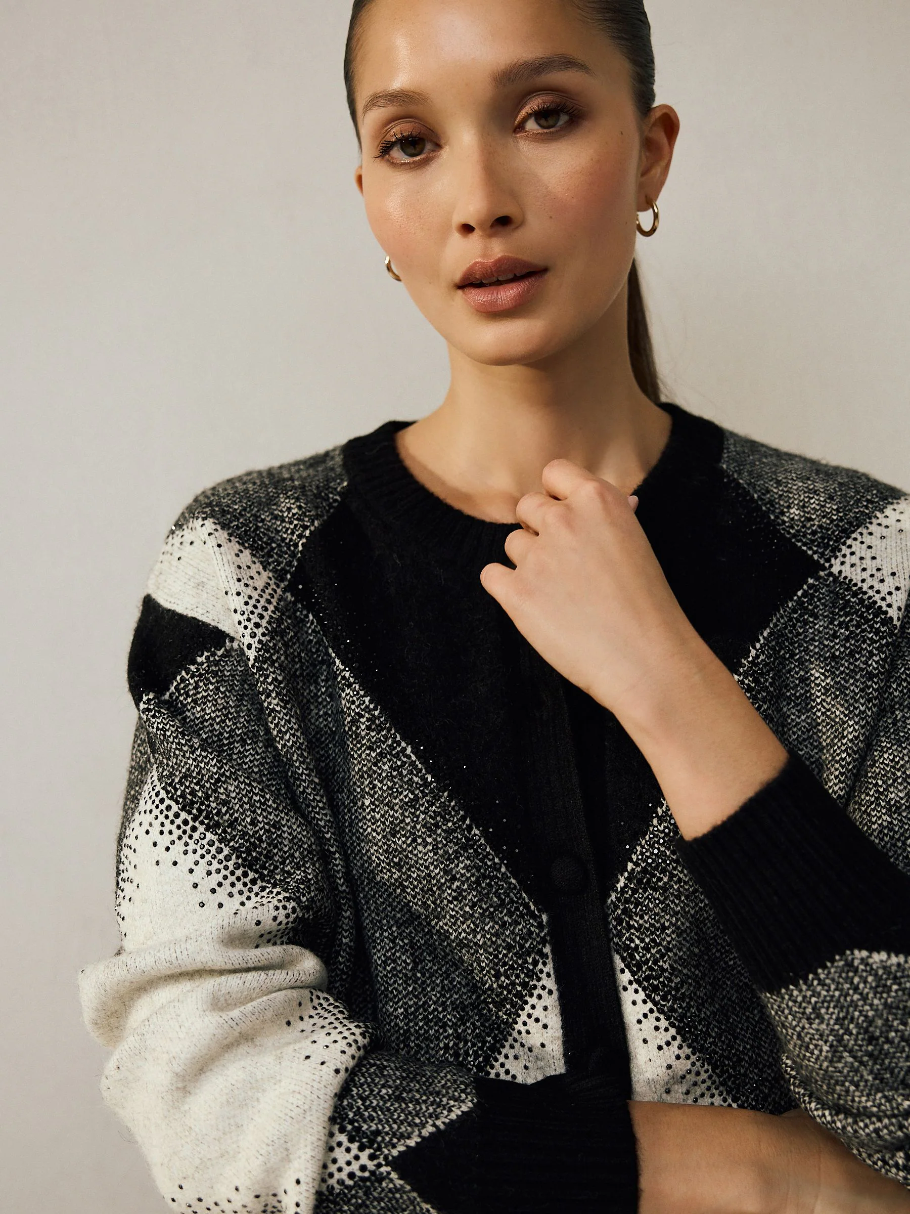 Zwart/wit - Sparkle Argyle Embellished Cardigan With Wool