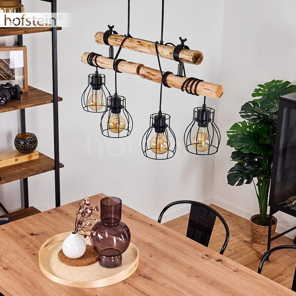 HOFSTEIN Hängeleuchte Gondo, Vintage Hängelampe aus Metall in schwarz und Holz, 4-flammig, 4 x E27, Höhe max. 158 cm (verstellbar), Leuchtenköpfe sind individuell einstellbar, mit Gitter-Schirmen