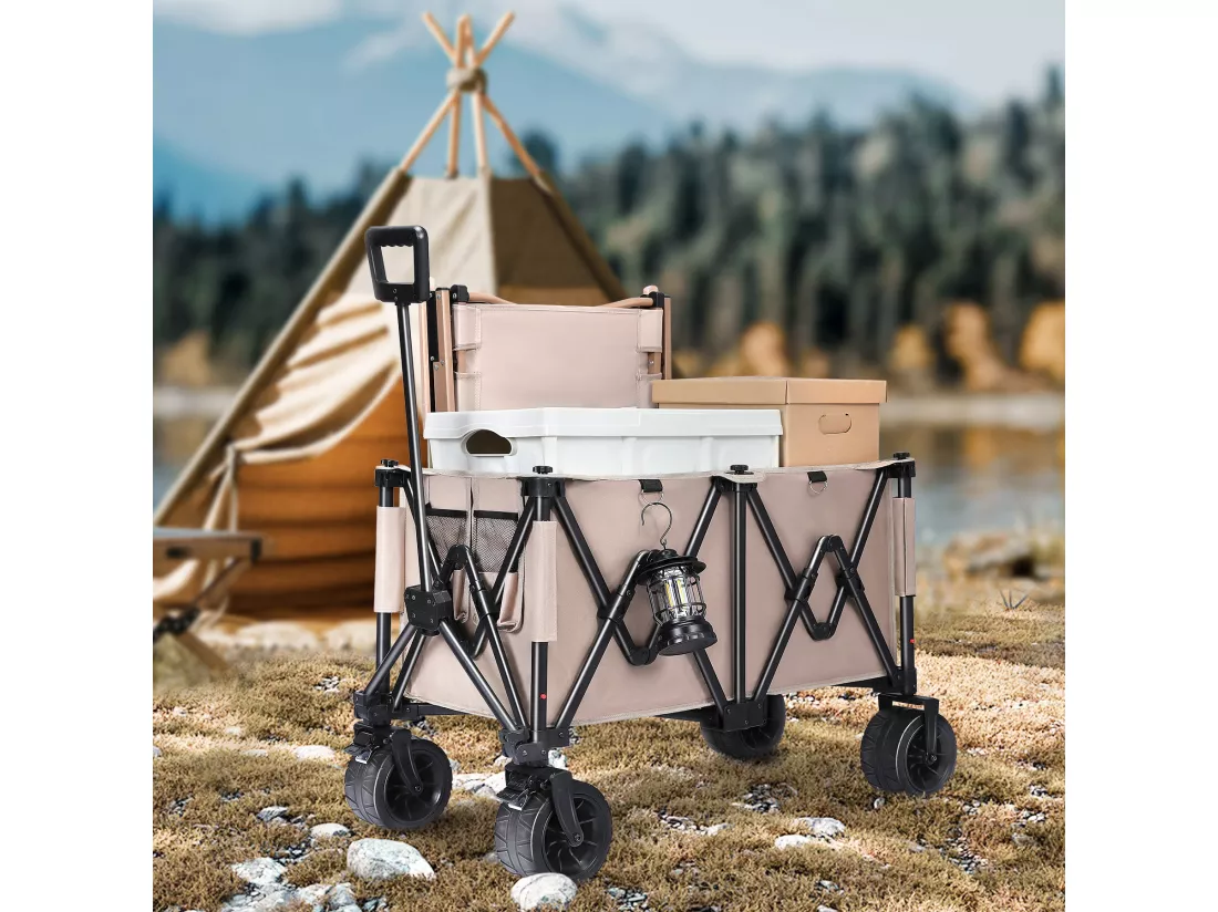Chariot de Transport Pliable avec Freins, Chariot de Jardin de 150KG Pneus amovible, tout-terrain, Chariot pour Camping, Brun clair